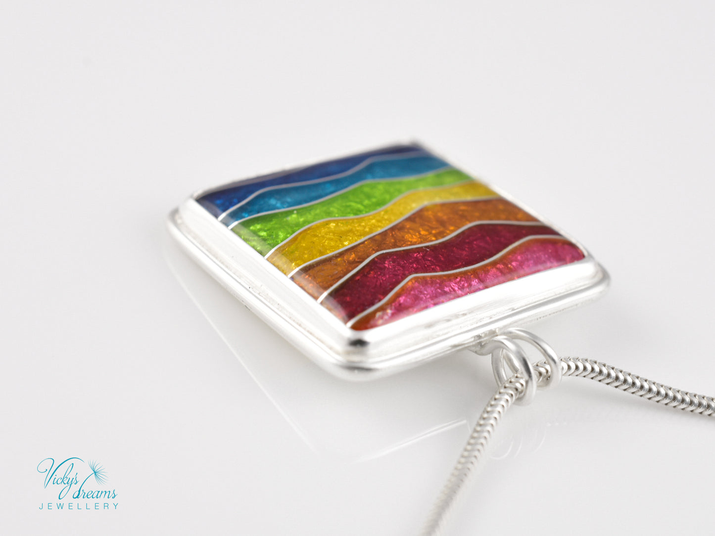 Handmade cloisonné rainbow waves pendant necklace in sterling silver