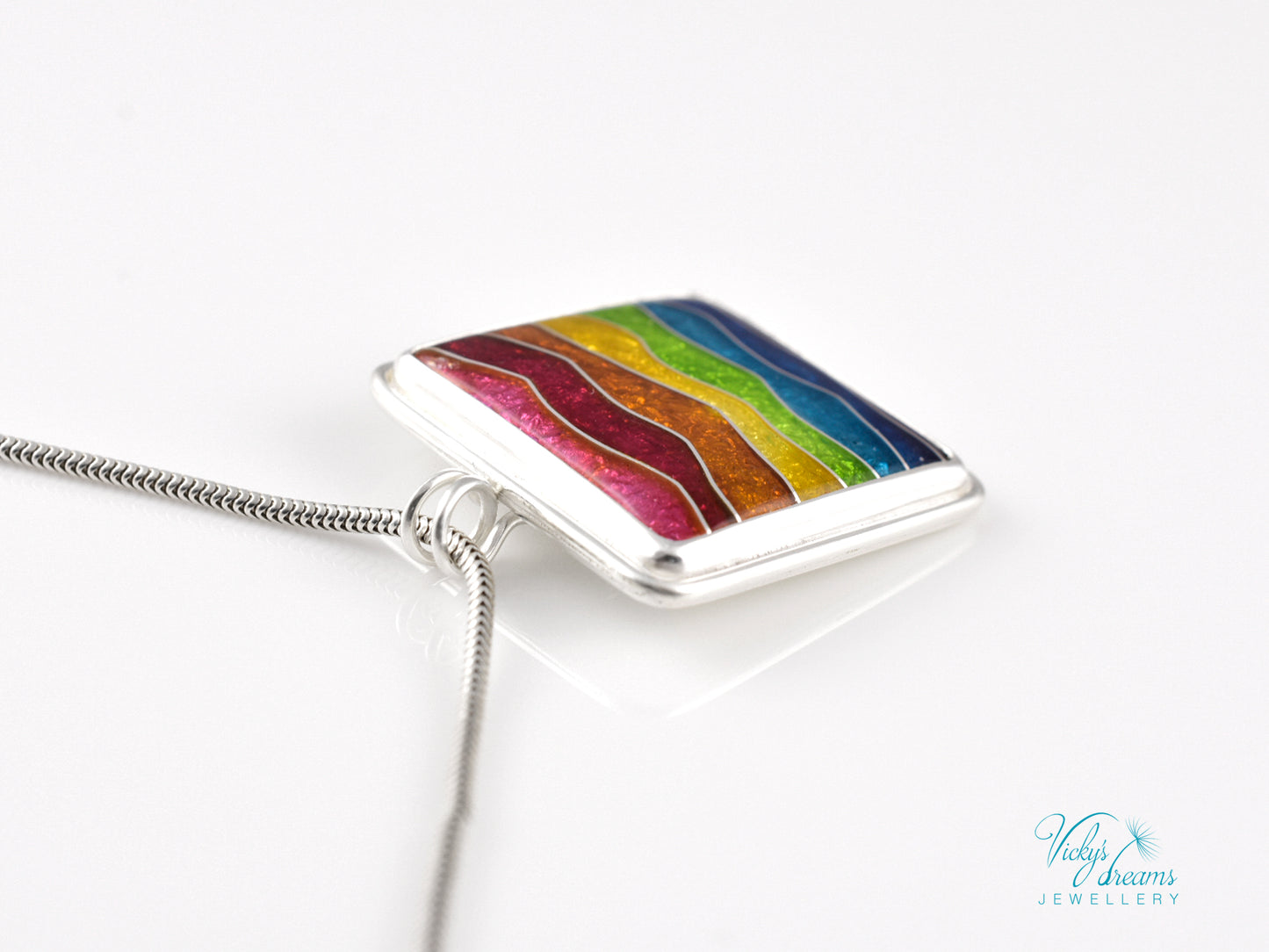Handmade cloisonné rainbow waves pendant necklace in sterling silver