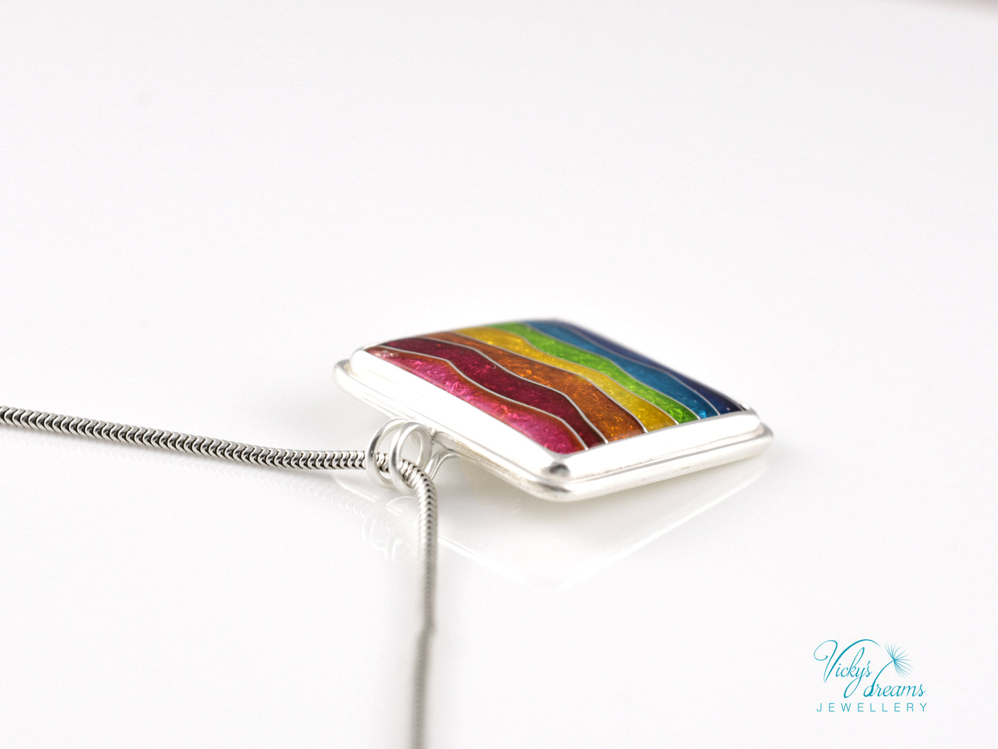 Handmade cloisonné rainbow waves pendant necklace in sterling silver