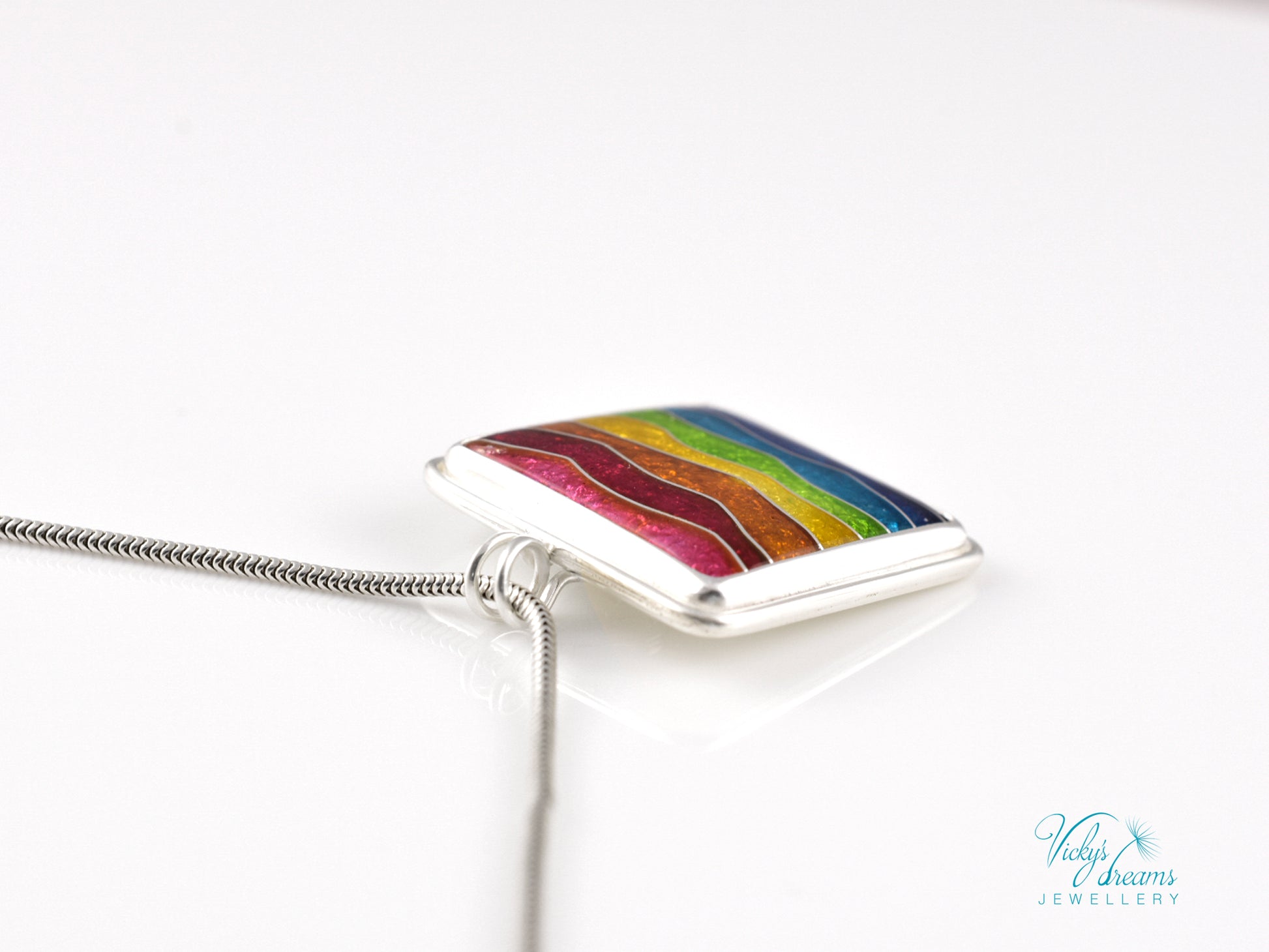 Handmade cloisonné rainbow waves pendant necklace in sterling silver