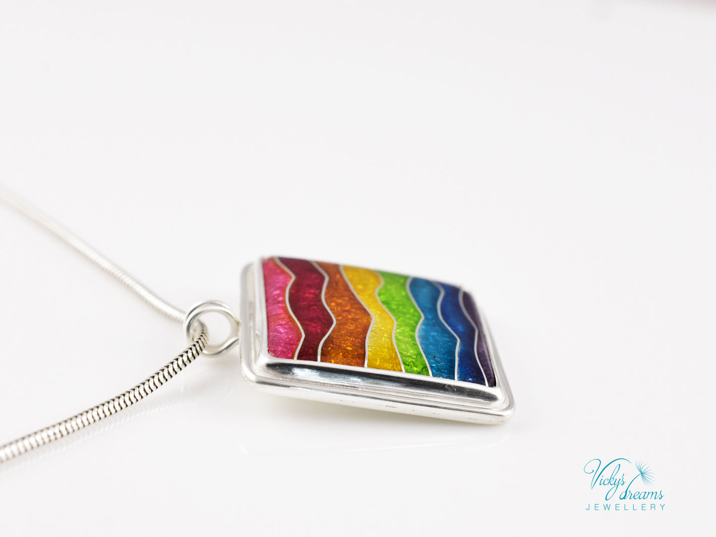 Handmade cloisonné rainbow waves pendant necklace in sterling silver