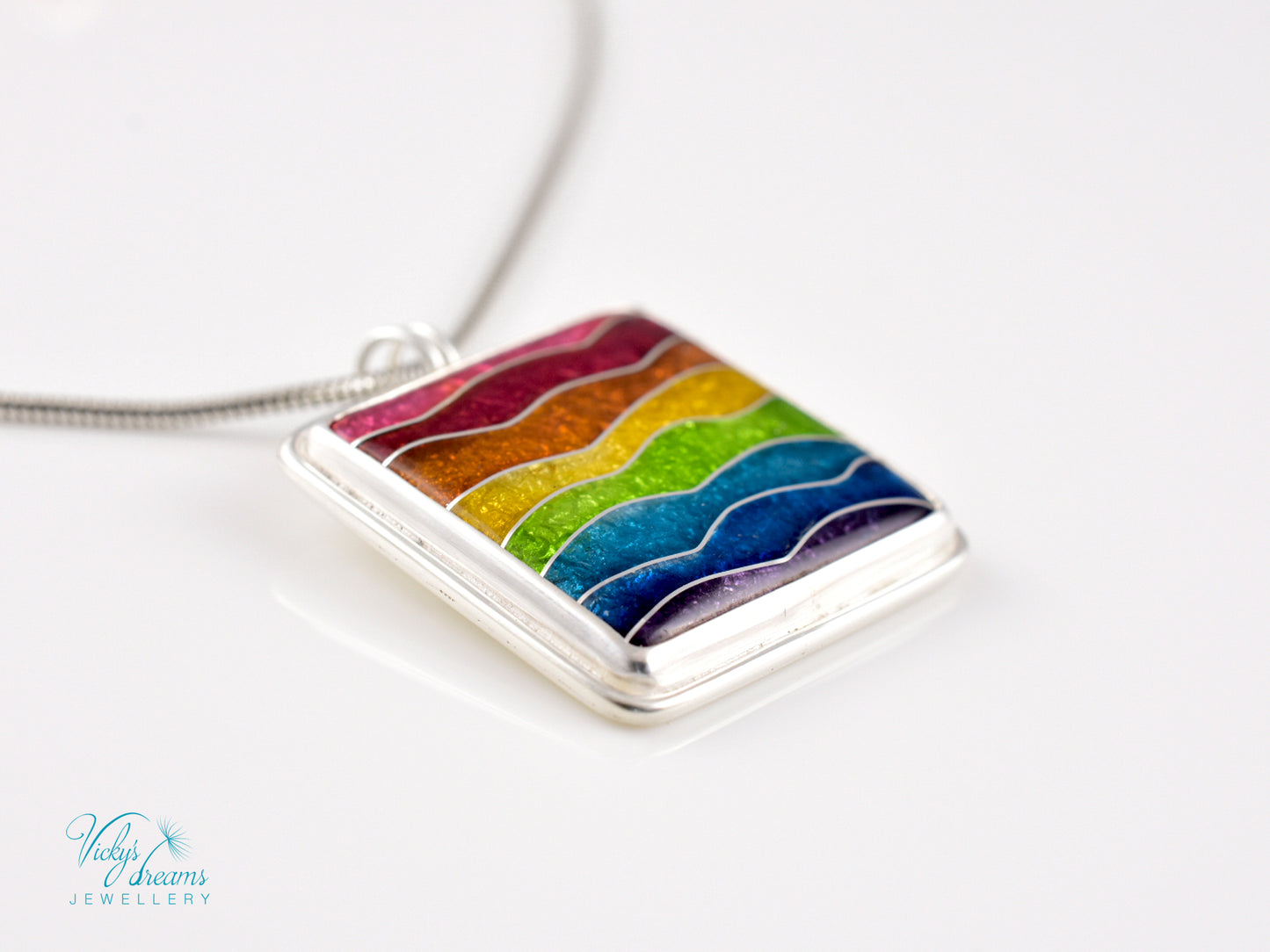 Handmade cloisonné rainbow waves pendant necklace in sterling silver