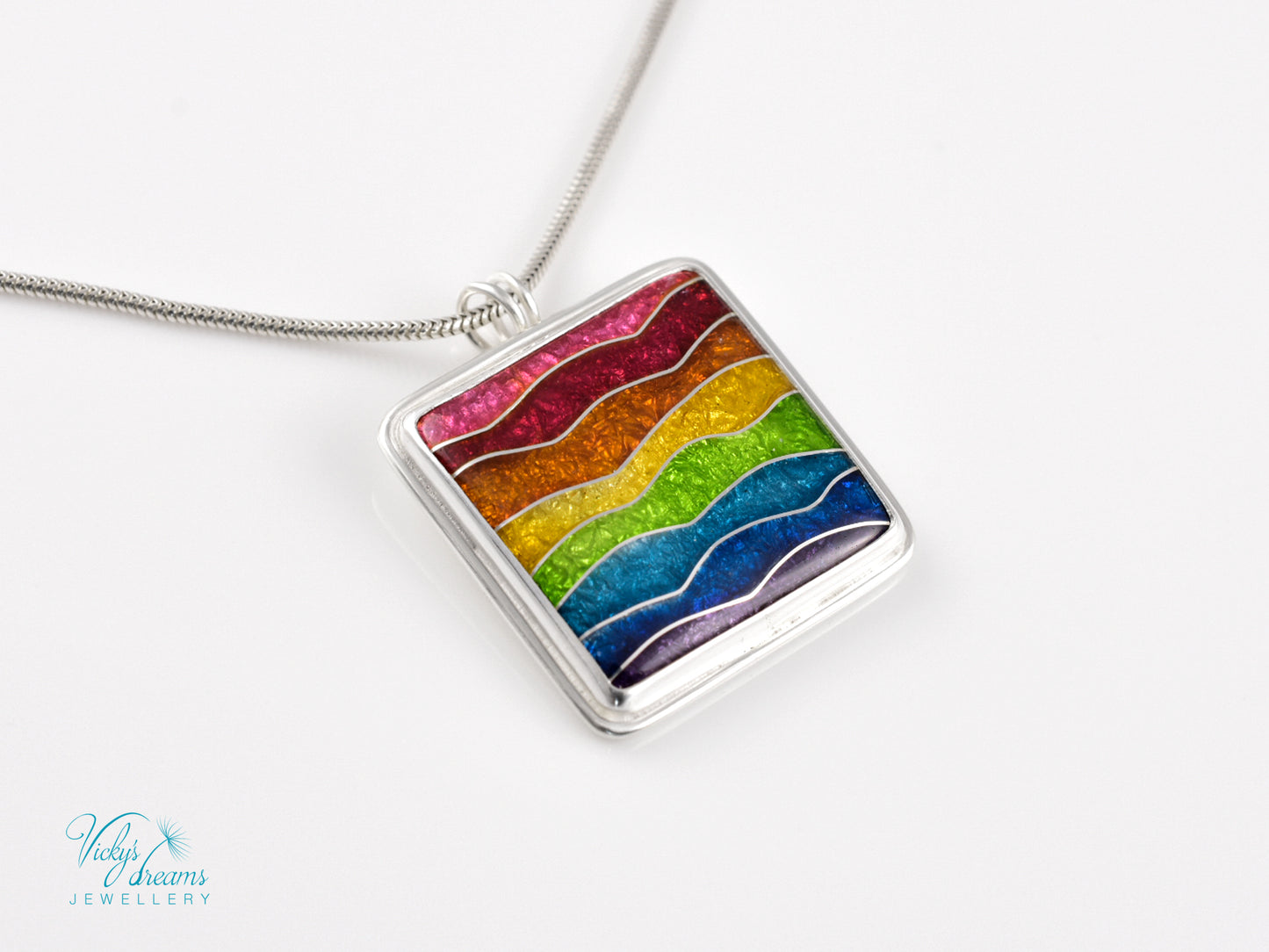 Handmade cloisonné rainbow waves pendant necklace in sterling silver