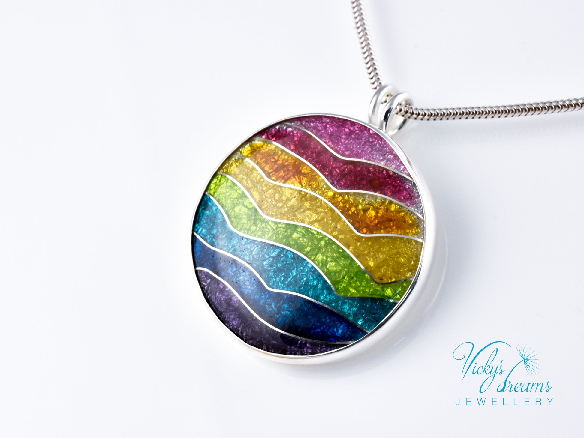 Handmade cloisonné rainbow waves pendant necklace in sterling silver