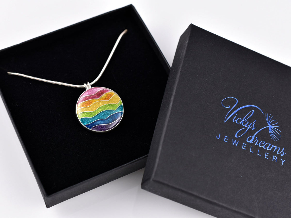 Handmade cloisonné rainbow waves pendant necklace in sterling silver
