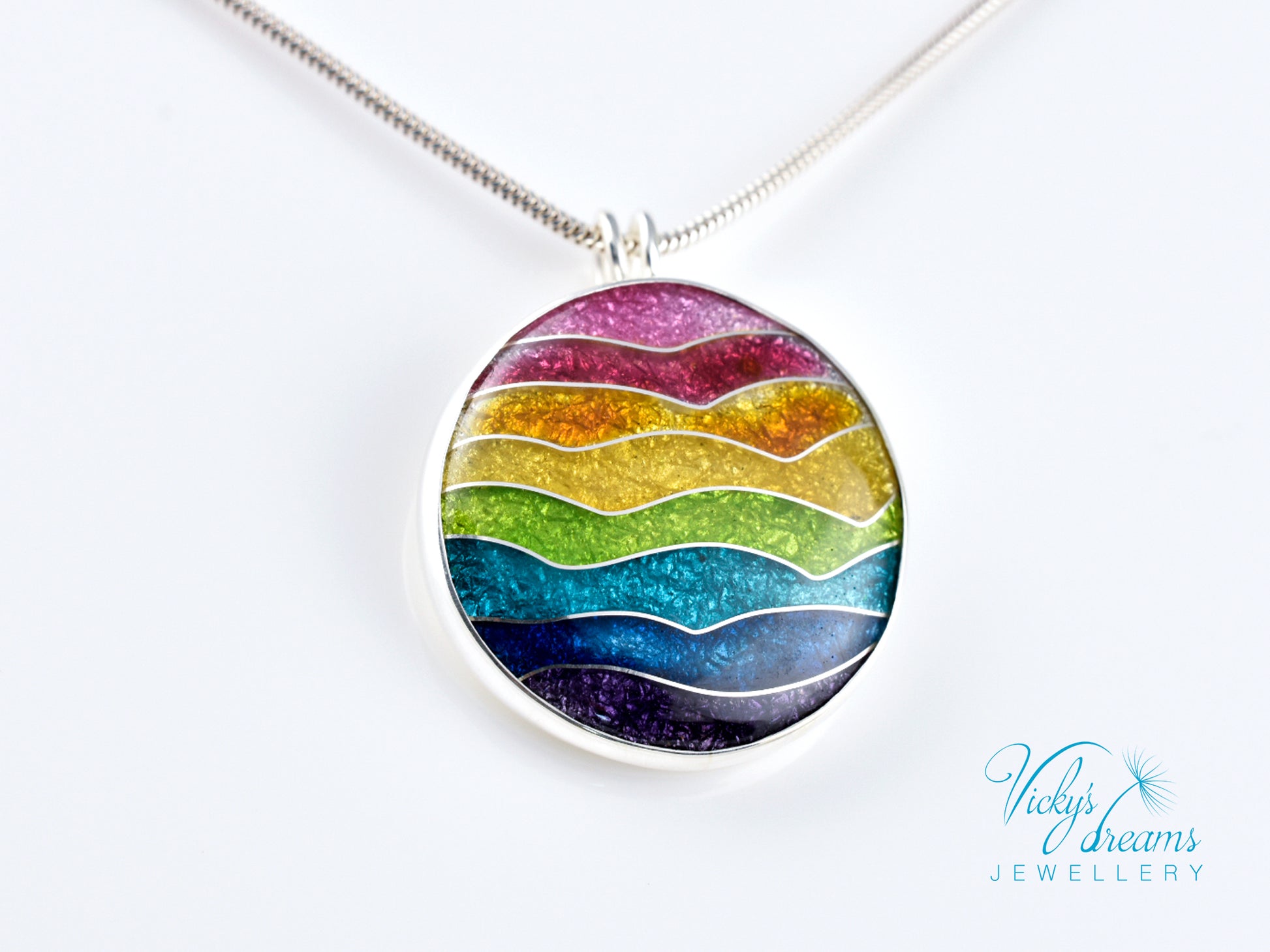 Handmade cloisonné rainbow waves pendant necklace in sterling silver