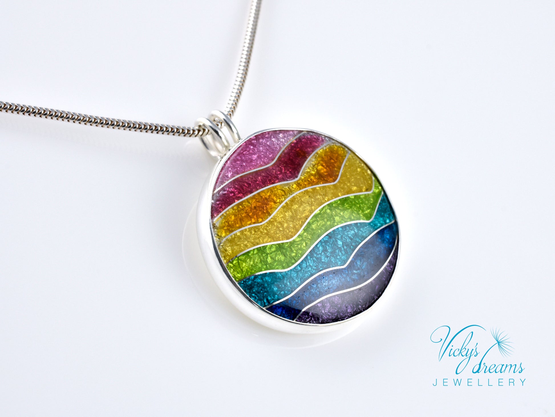 Handmade cloisonné rainbow waves pendant necklace in sterling silver