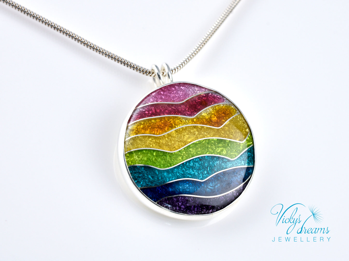 Handmade cloisonné rainbow waves pendant necklace in sterling silver