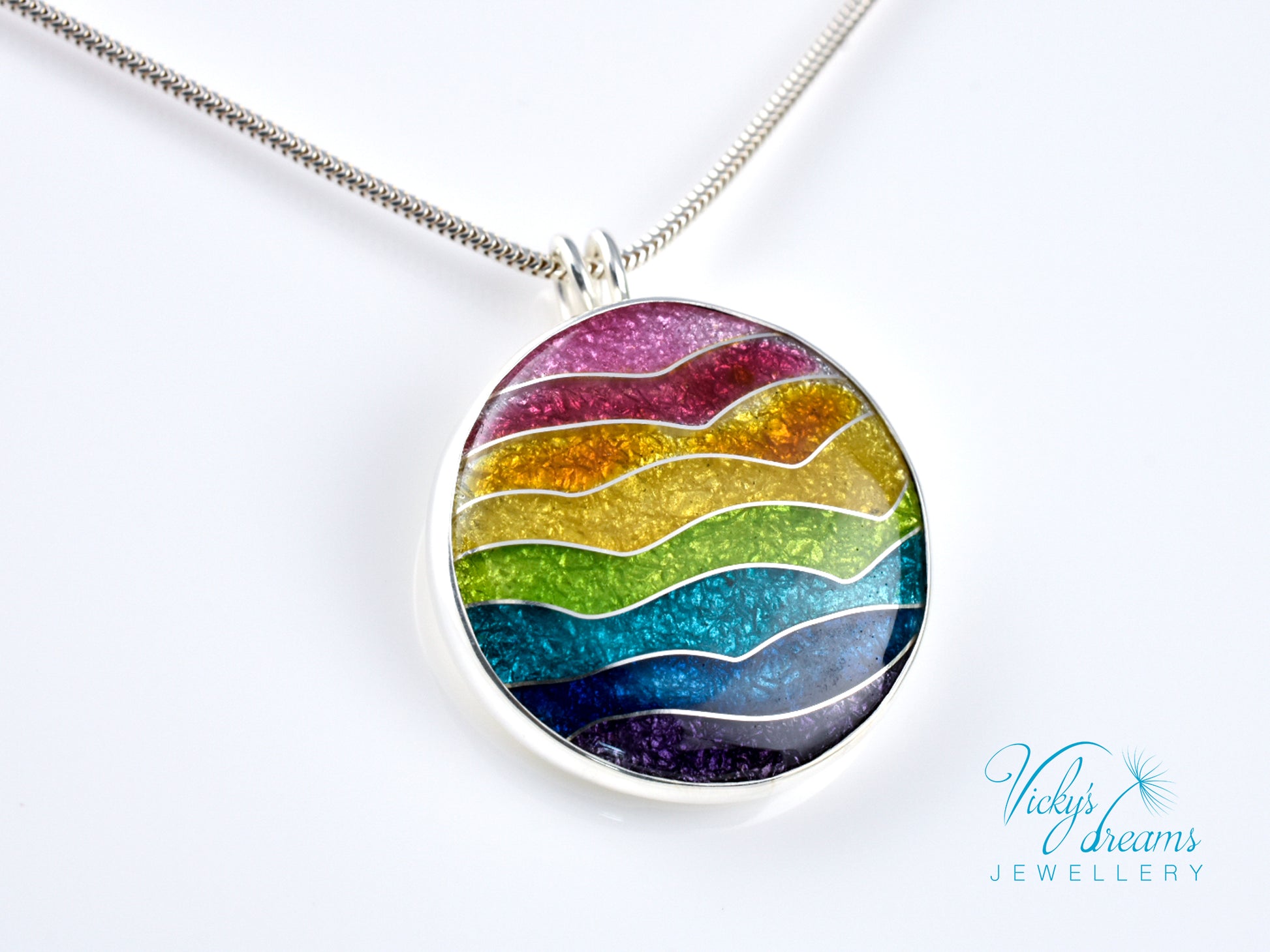 Handmade cloisonné rainbow waves pendant necklace in sterling silver