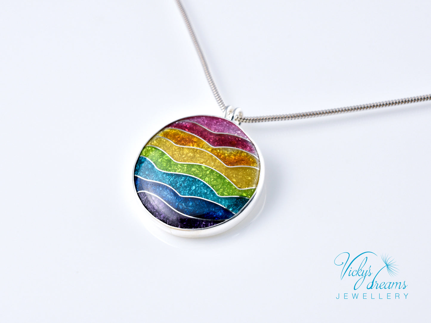 Handmade cloisonné rainbow waves pendant necklace in sterling silver