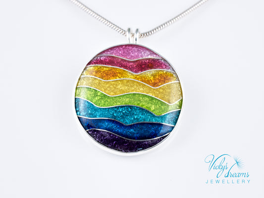 Handmade cloisonné rainbow waves pendant necklace in sterling silver