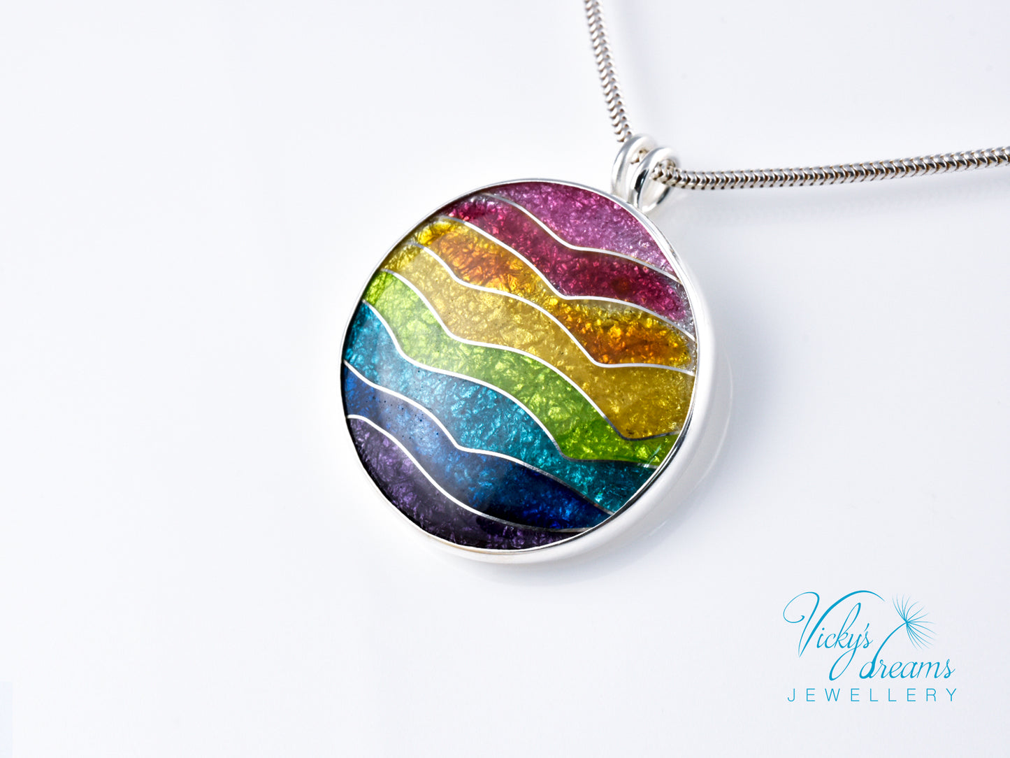 Handmade cloisonné rainbow waves pendant necklace in sterling silver