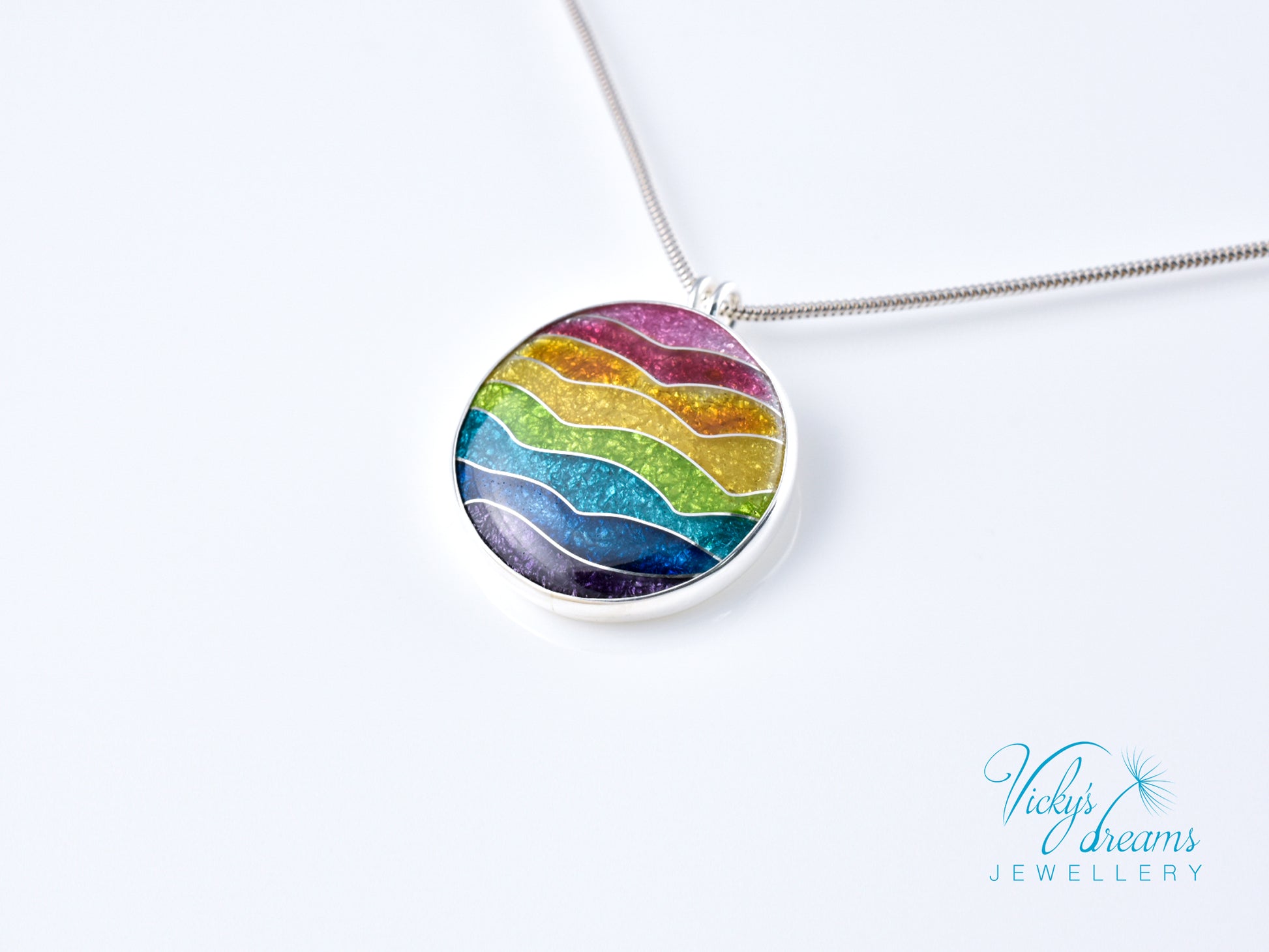 Handmade cloisonné rainbow waves pendant necklace in sterling silver