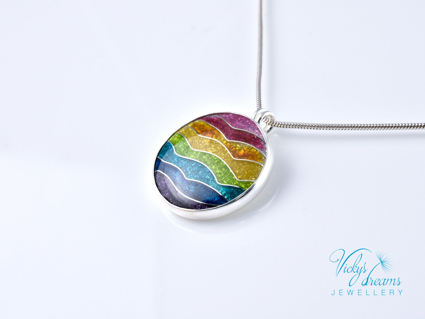 Handmade cloisonné rainbow waves pendant necklace in sterling silver