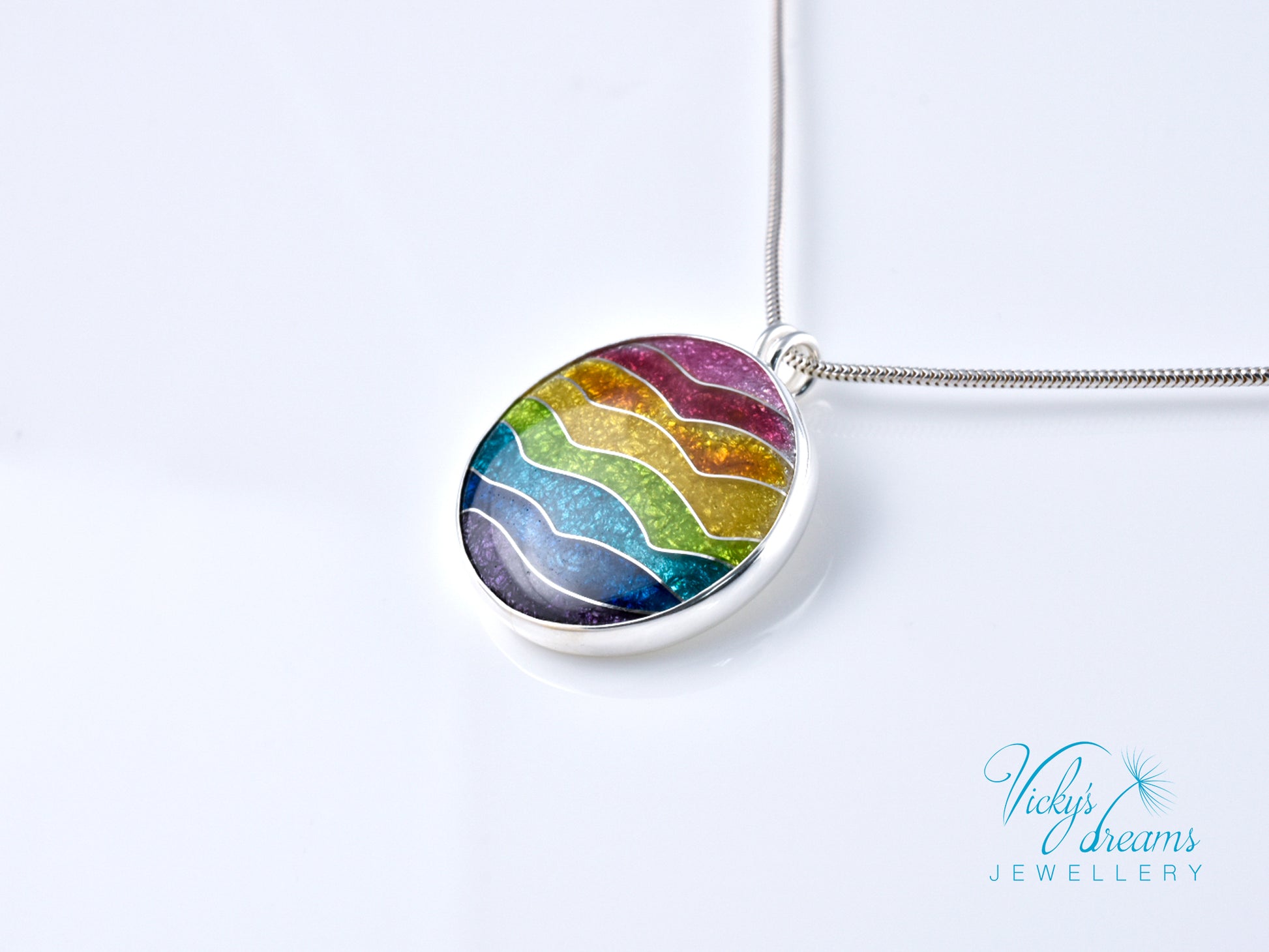 Handmade cloisonné rainbow waves pendant necklace in sterling silver