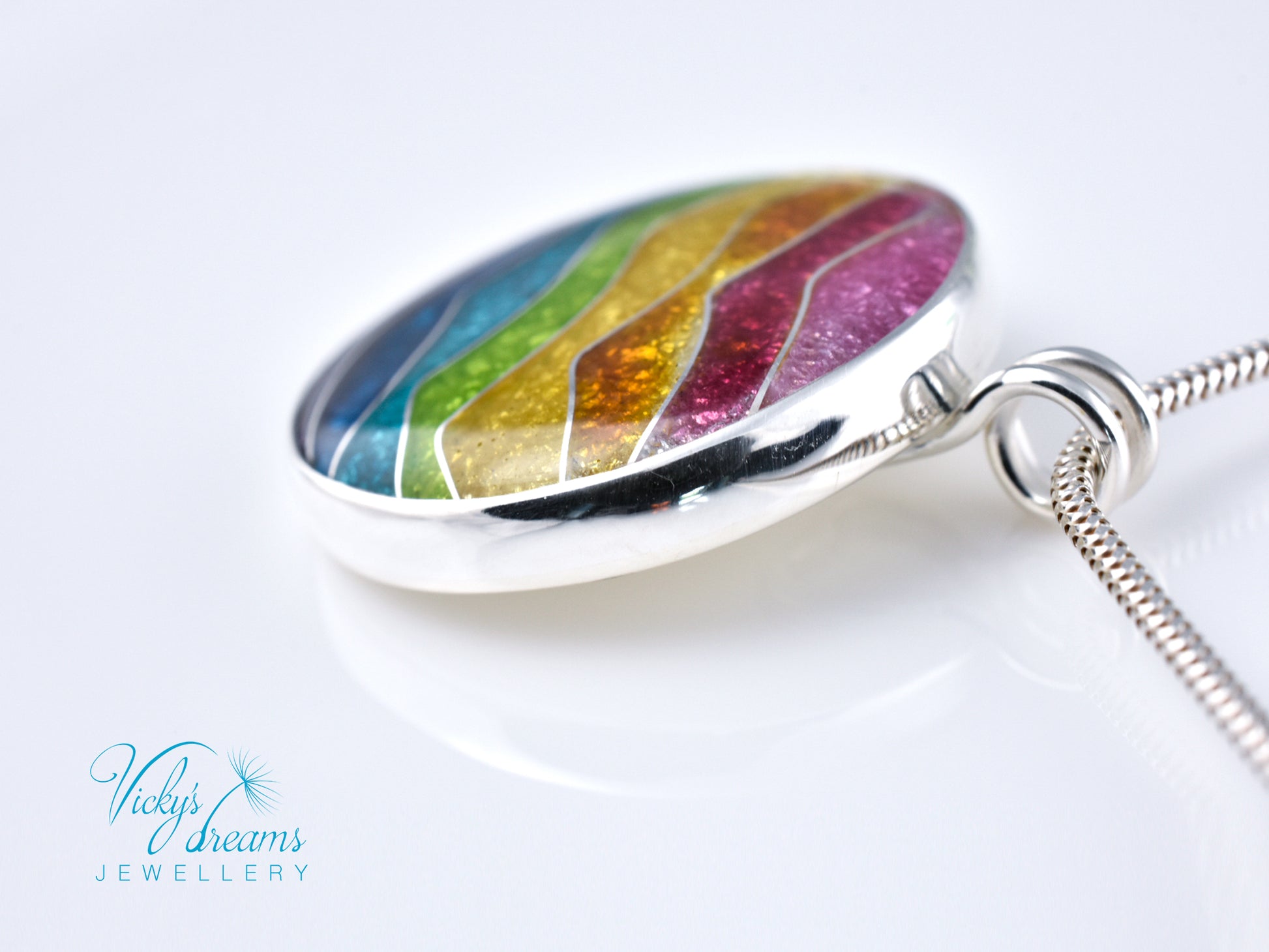 Handmade cloisonné rainbow waves pendant necklace in sterling silver