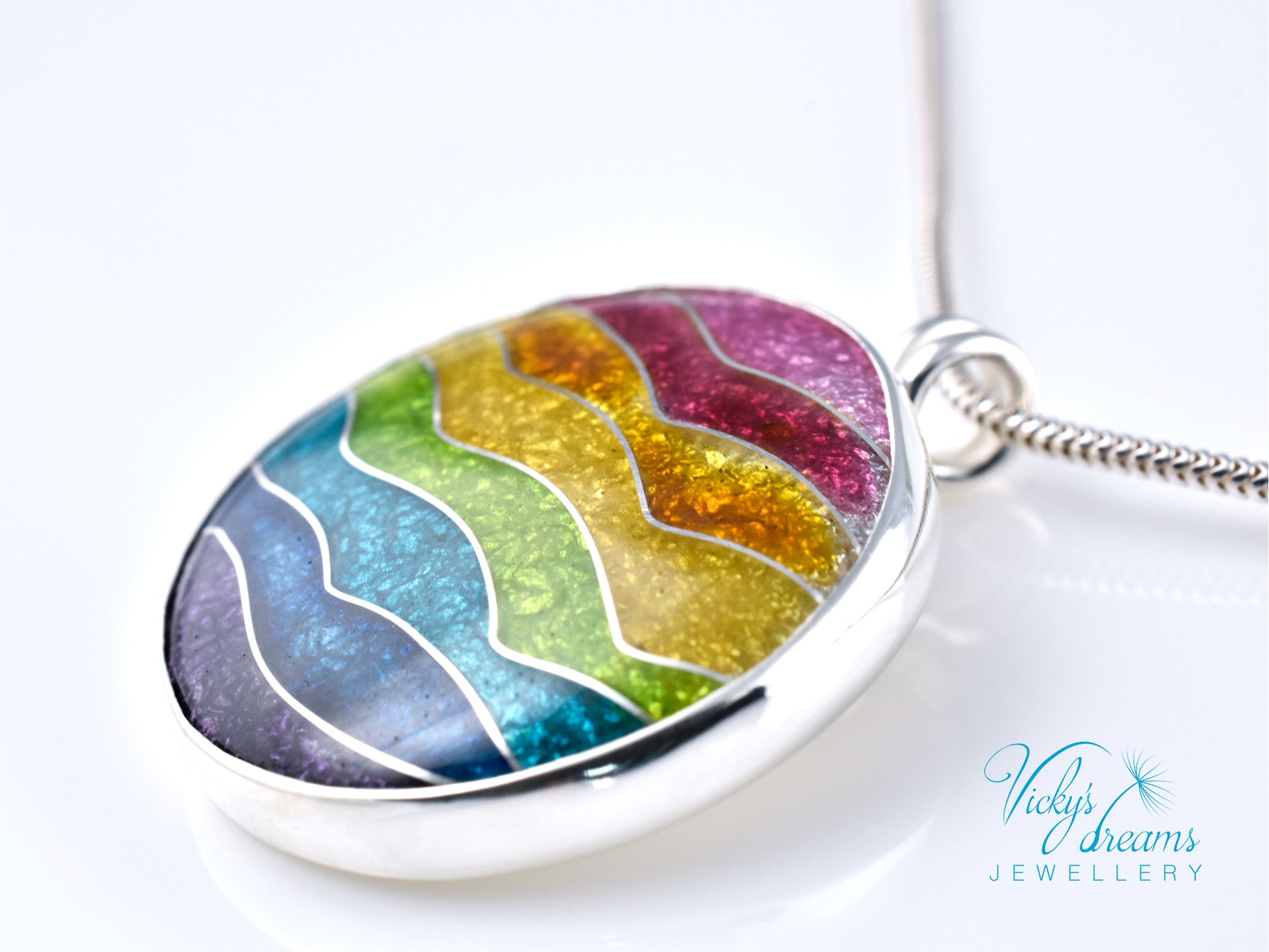 Handmade cloisonné rainbow waves pendant necklace in sterling silver