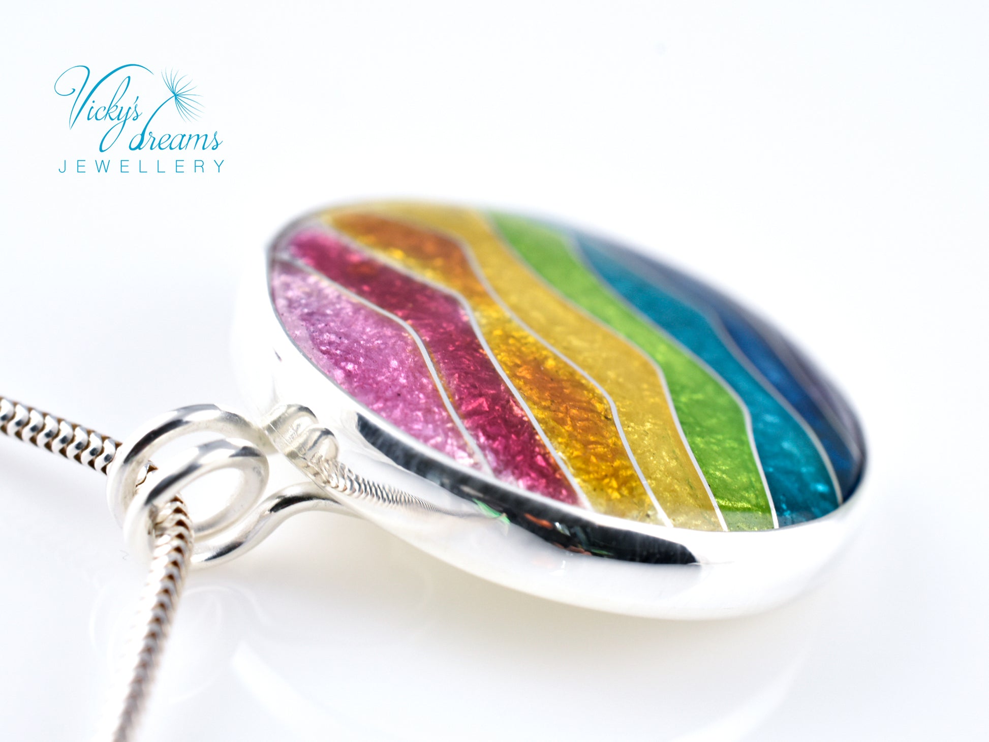 Handmade cloisonné rainbow waves pendant necklace in sterling silver