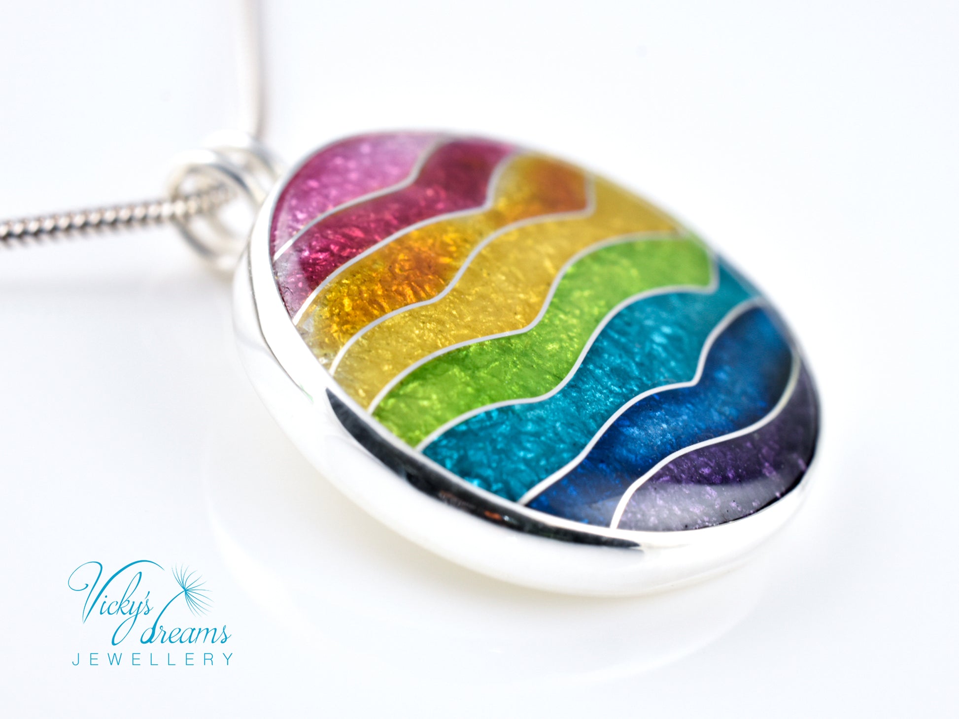 Handmade cloisonné rainbow waves pendant necklace in sterling silver