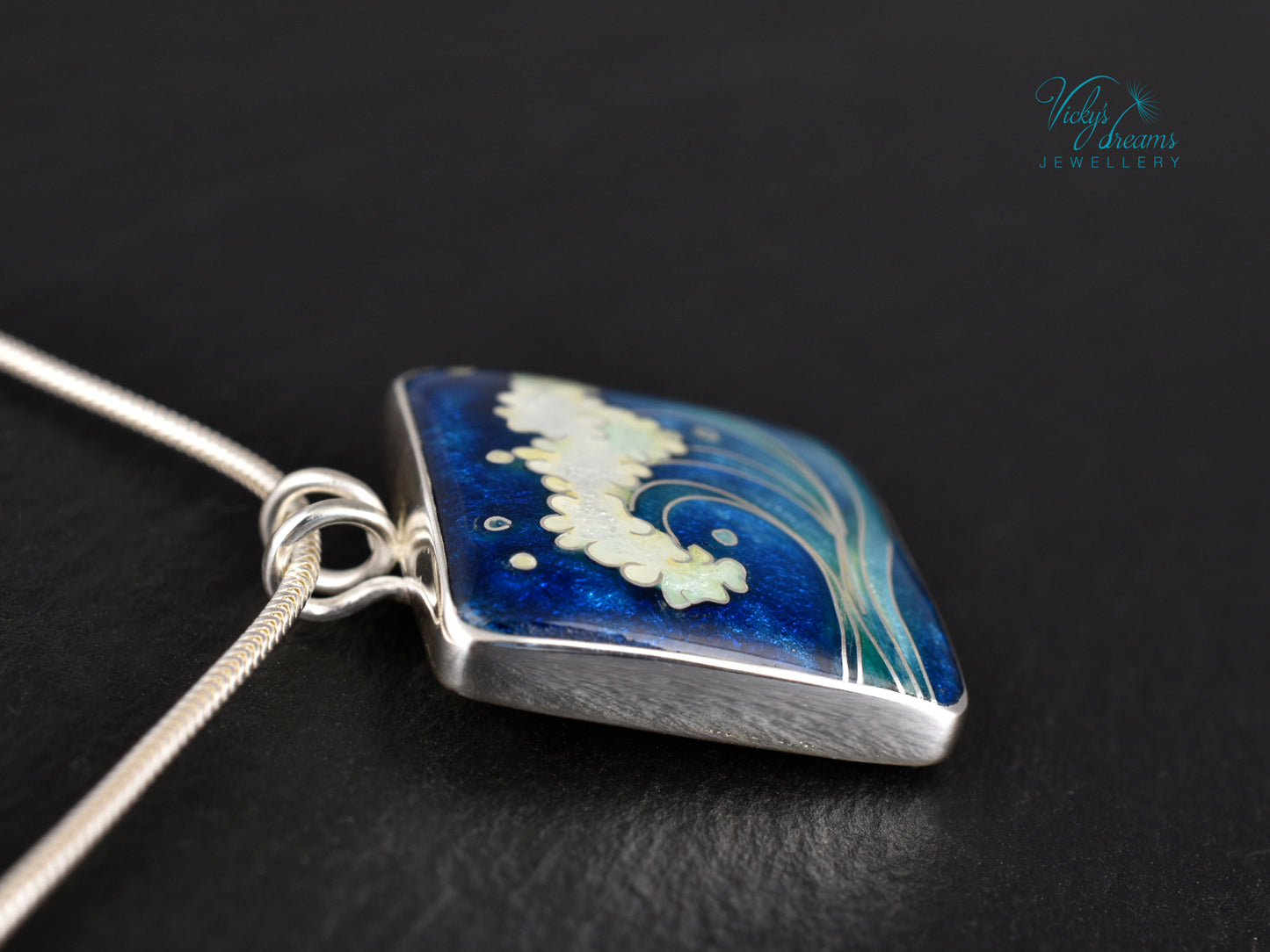 Handmade cloisonné ocean wave pendant necklace in sterling silver