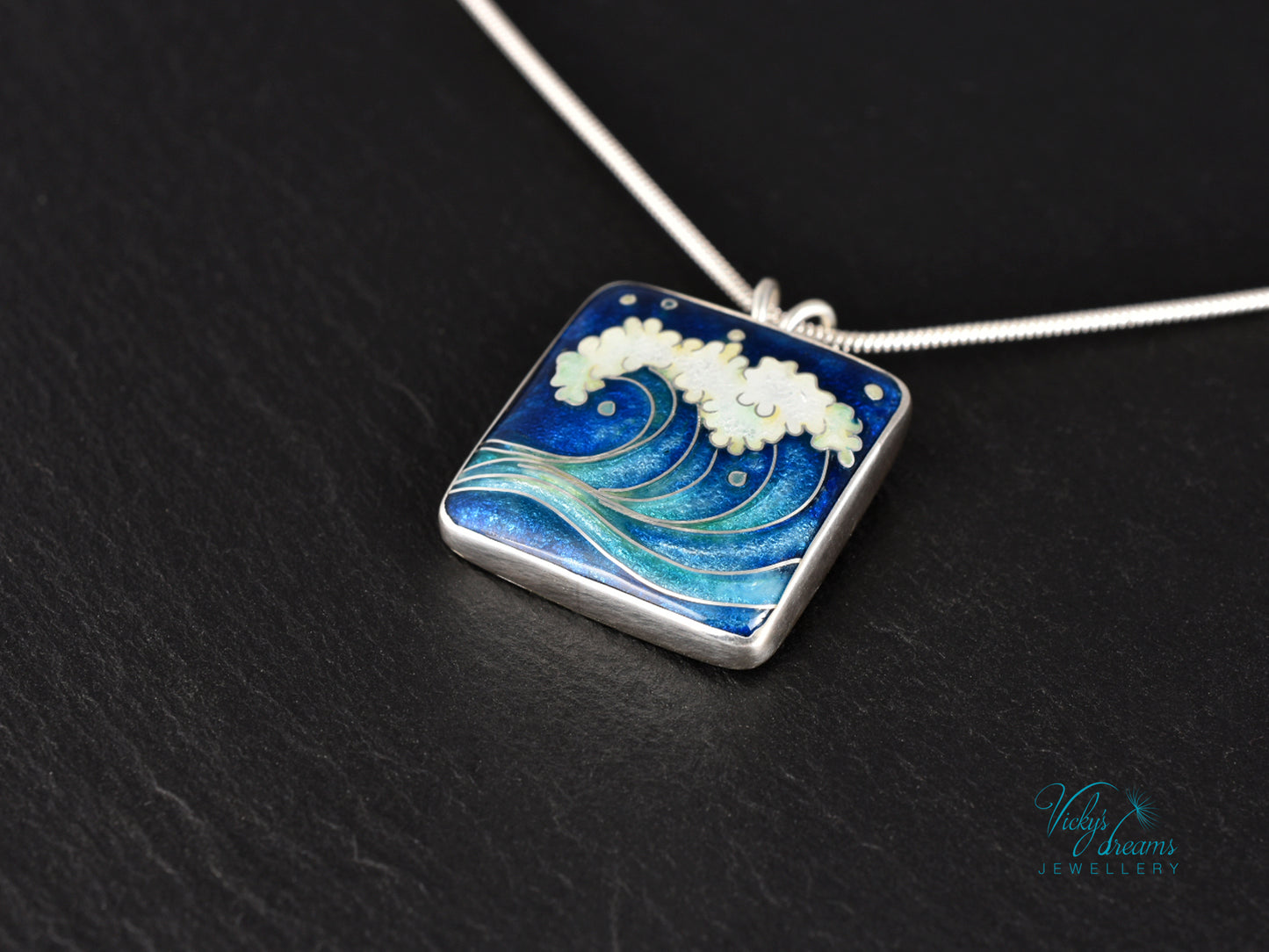 Handmade cloisonné ocean wave pendant necklace in sterling silver