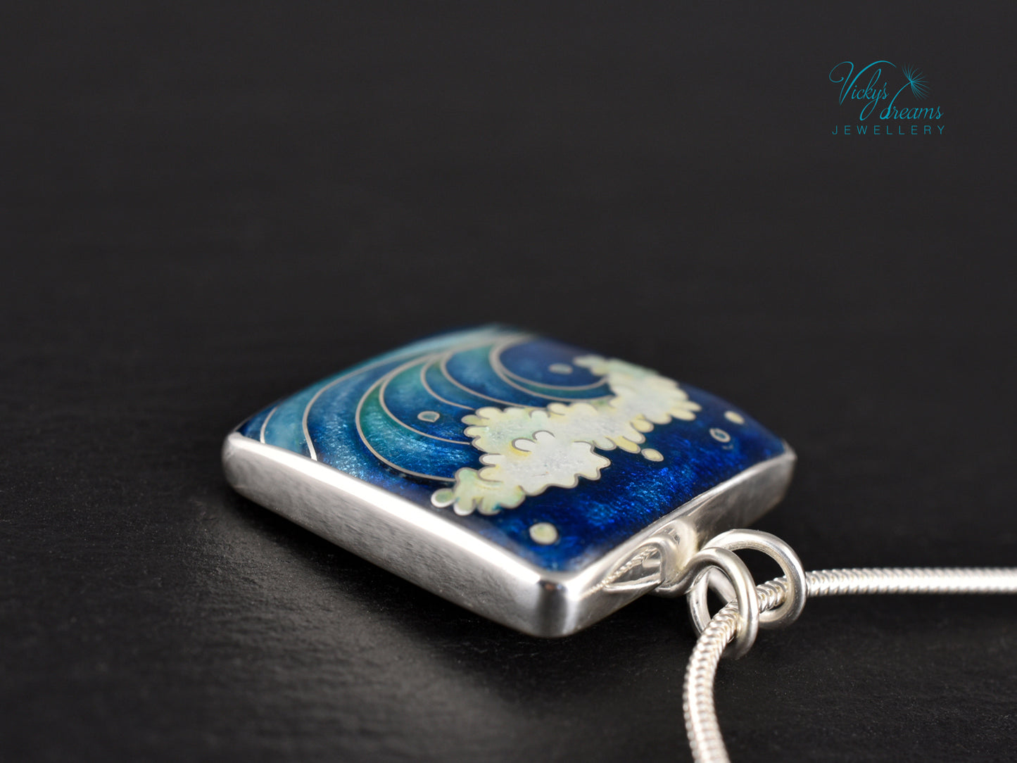 Handmade cloisonné ocean wave pendant necklace in sterling silver