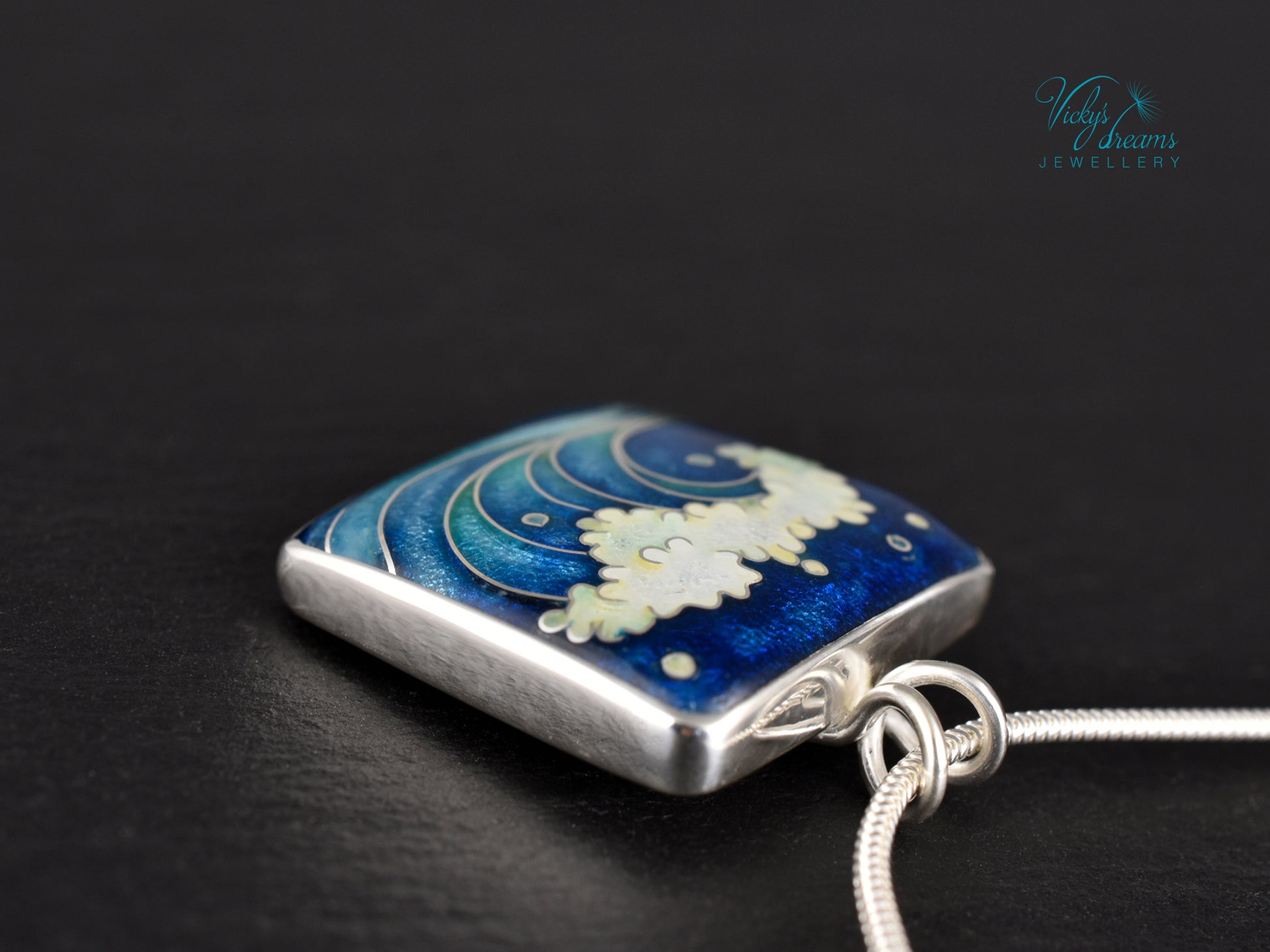 Handmade cloisonné ocean wave pendant necklace in sterling silver