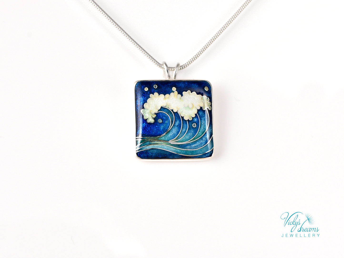 Handmade cloisonné ocean wave pendant necklace in sterling silver