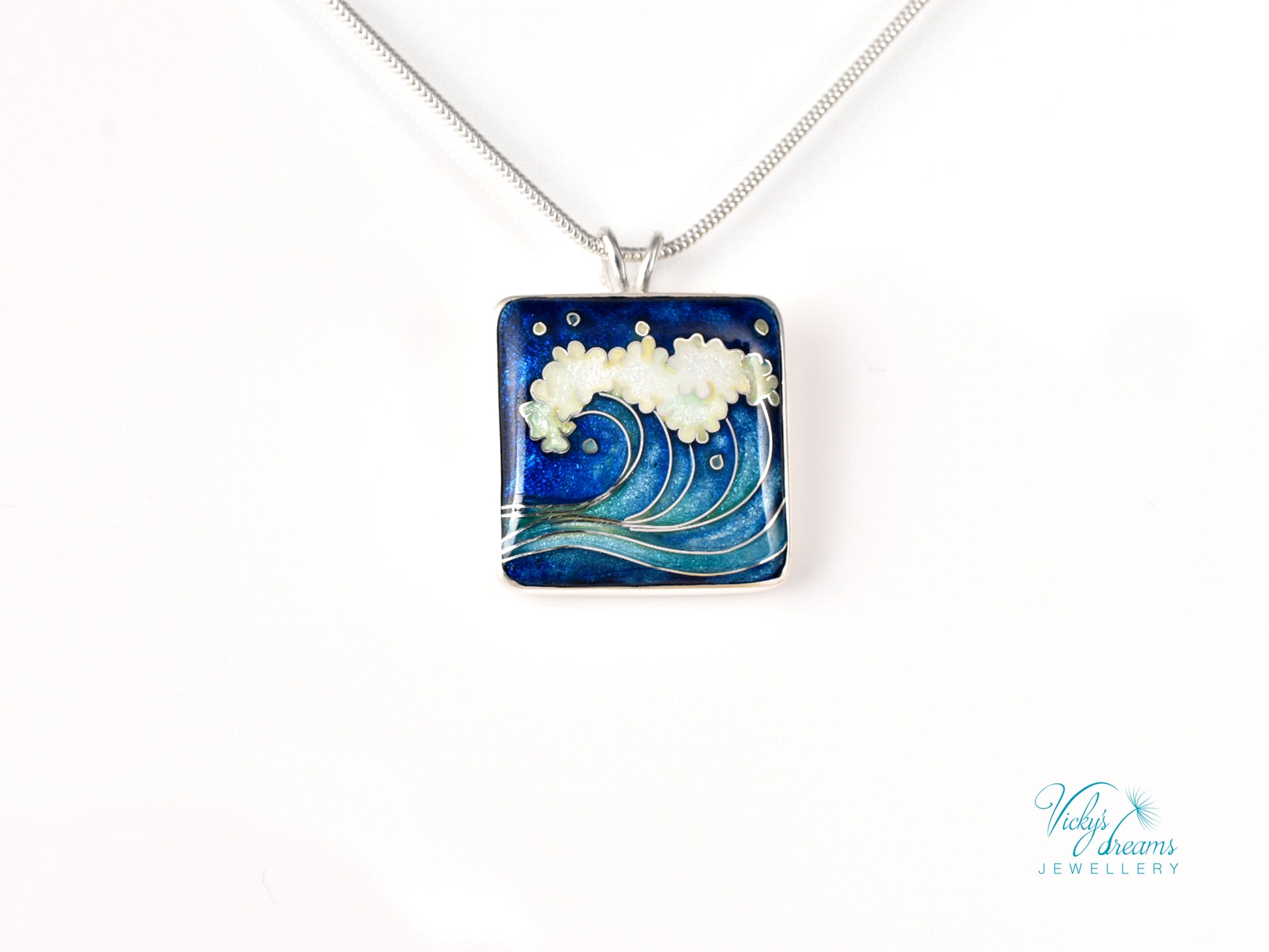 Handmade cloisonné ocean wave pendant necklace in sterling silver