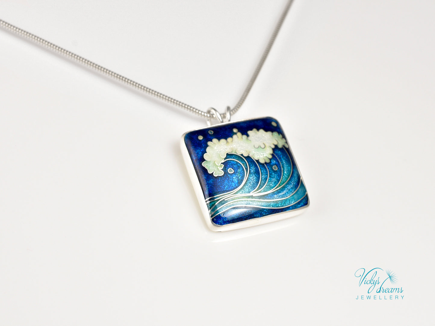 Handmade cloisonné ocean wave pendant necklace in sterling silver