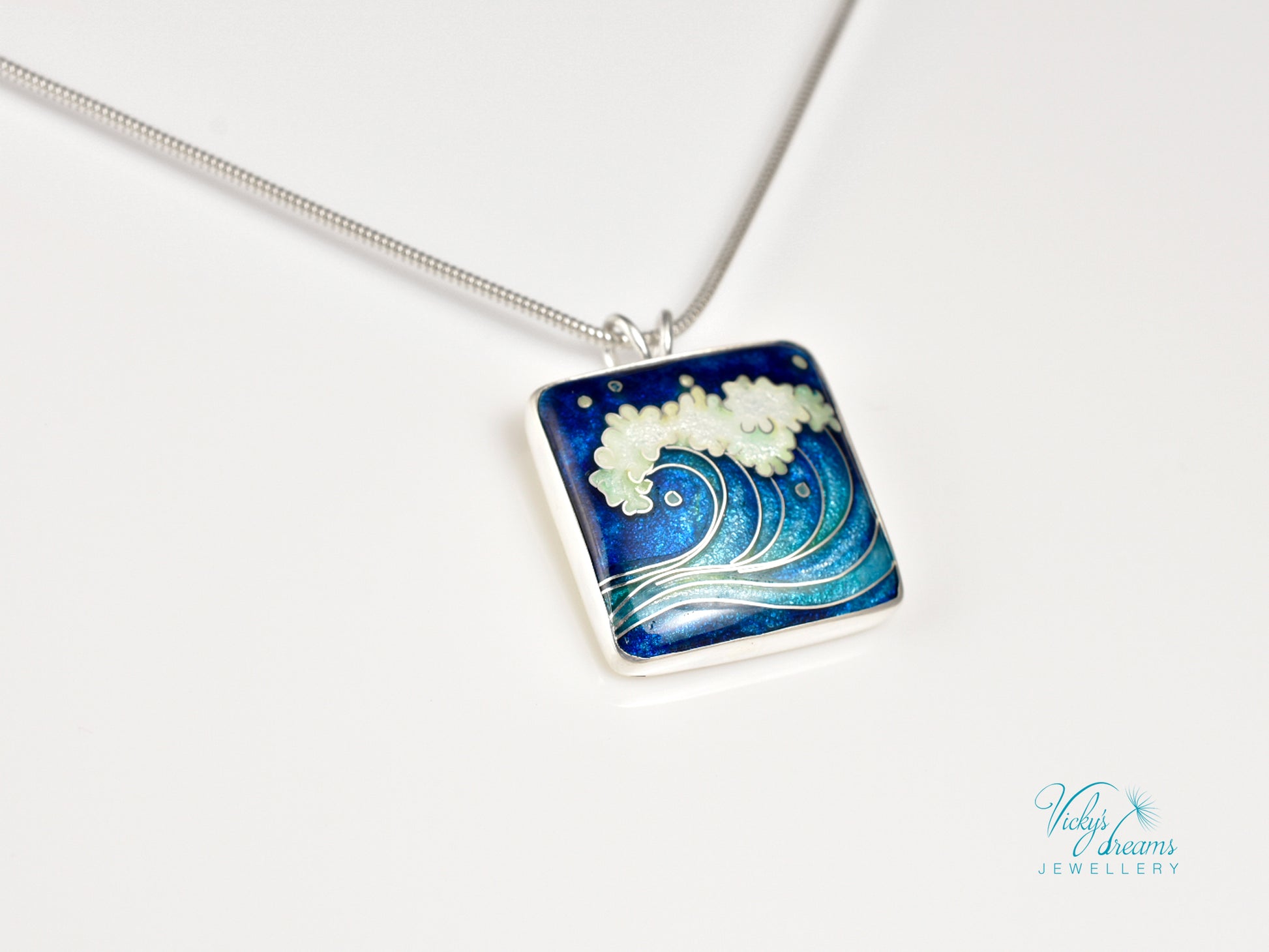 Handmade cloisonné ocean wave pendant necklace in sterling silver