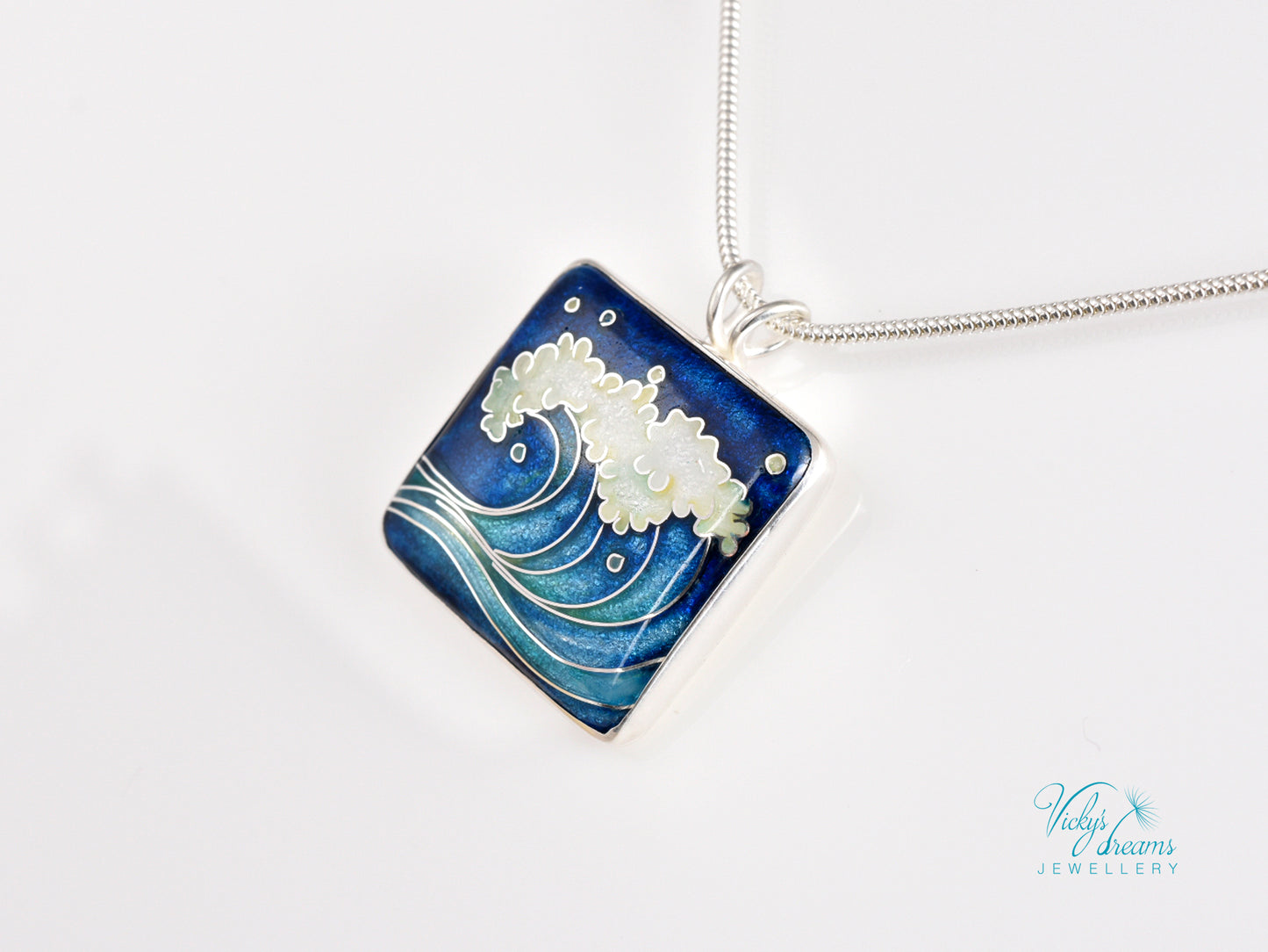 Handmade cloisonné ocean wave pendant necklace in sterling silver