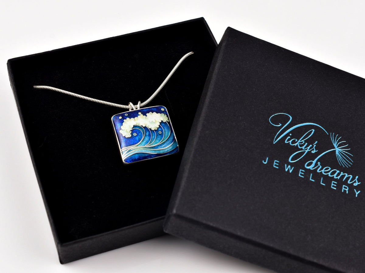 Handmade cloisonné ocean wave pendant necklace in sterling silver
