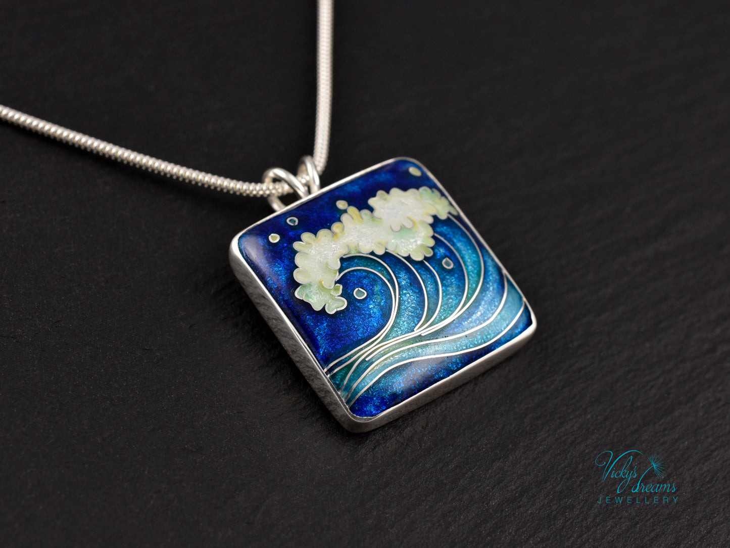 Handmade cloisonné ocean wave pendant necklace in sterling silver