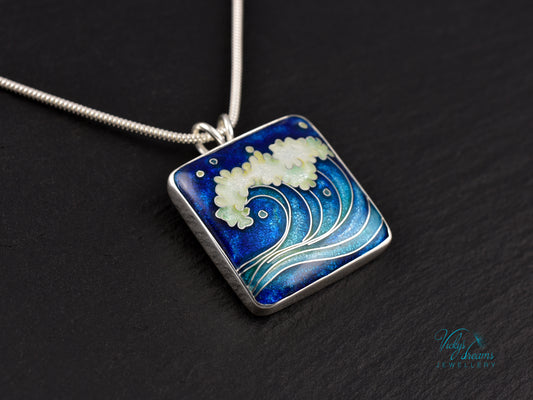 Handmade cloisonné ocean wave pendant necklace in sterling silver