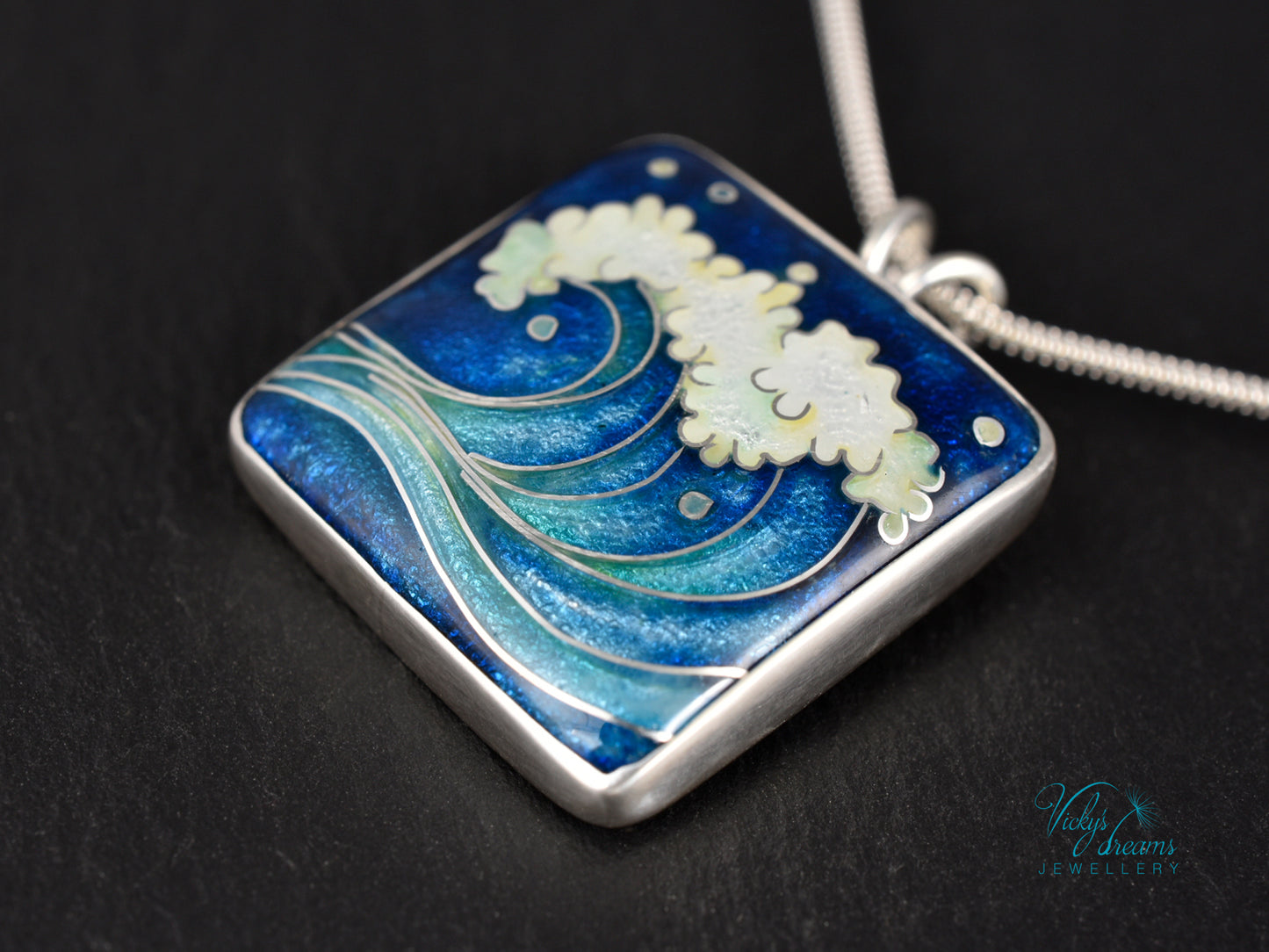 Handmade cloisonné ocean wave pendant necklace in sterling silver