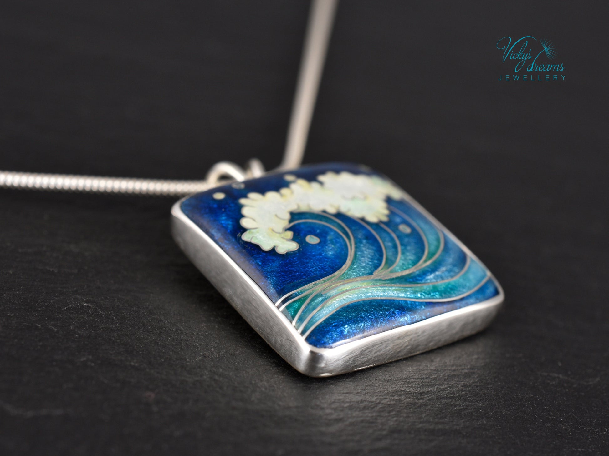 Handmade cloisonné ocean wave pendant necklace in sterling silver
