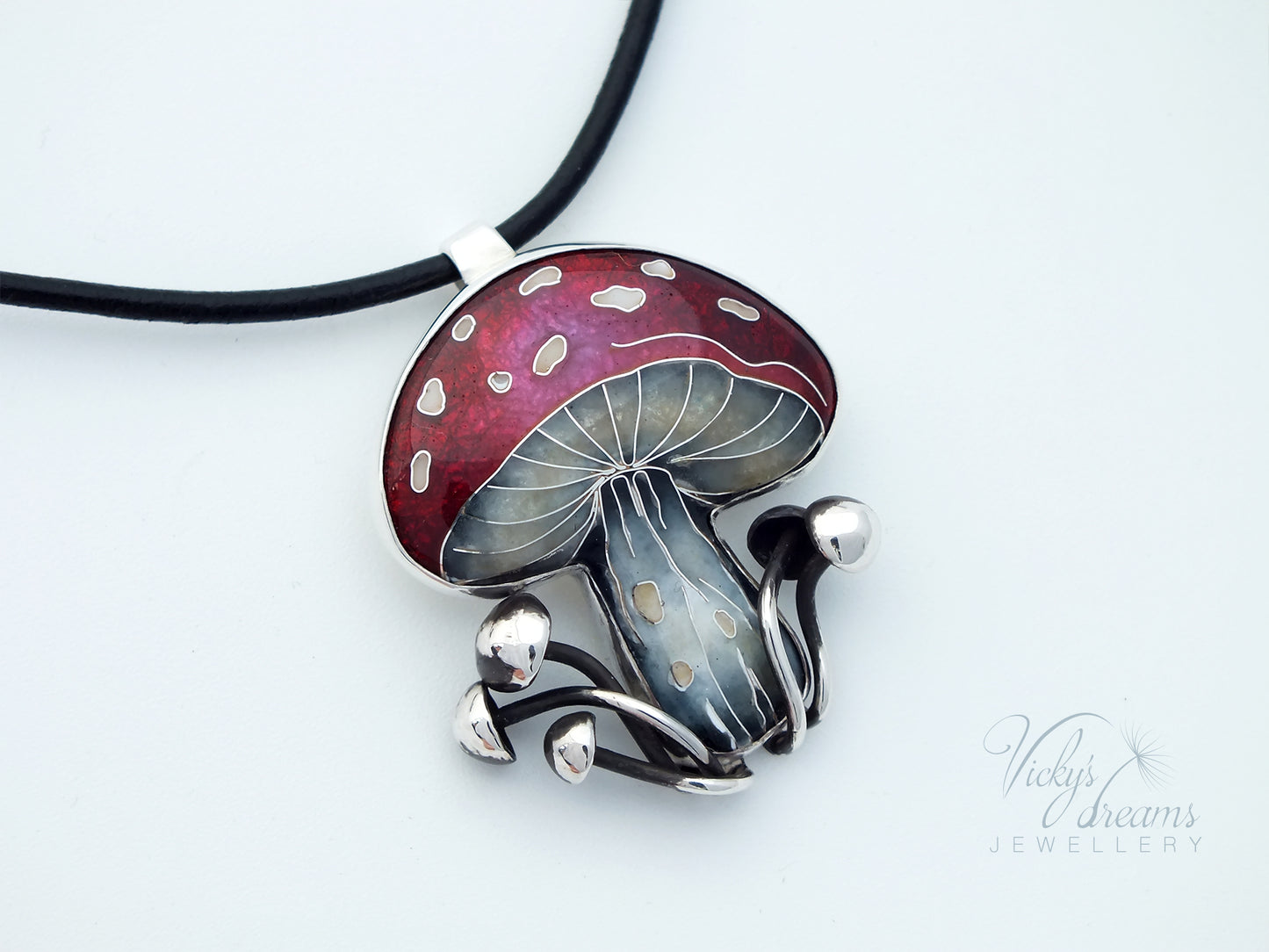 vibrant red mushroom Cloisonné enamel pendant