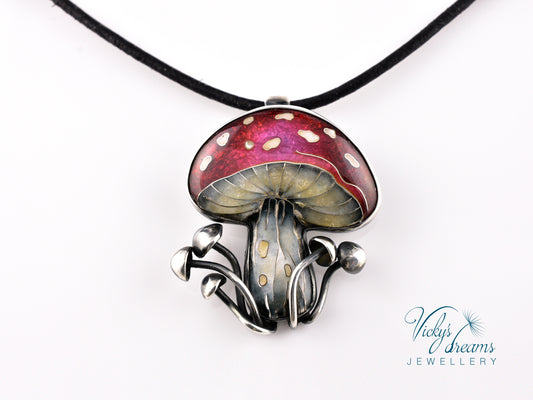 vibrant red mushroom Cloisonné enamel pendant