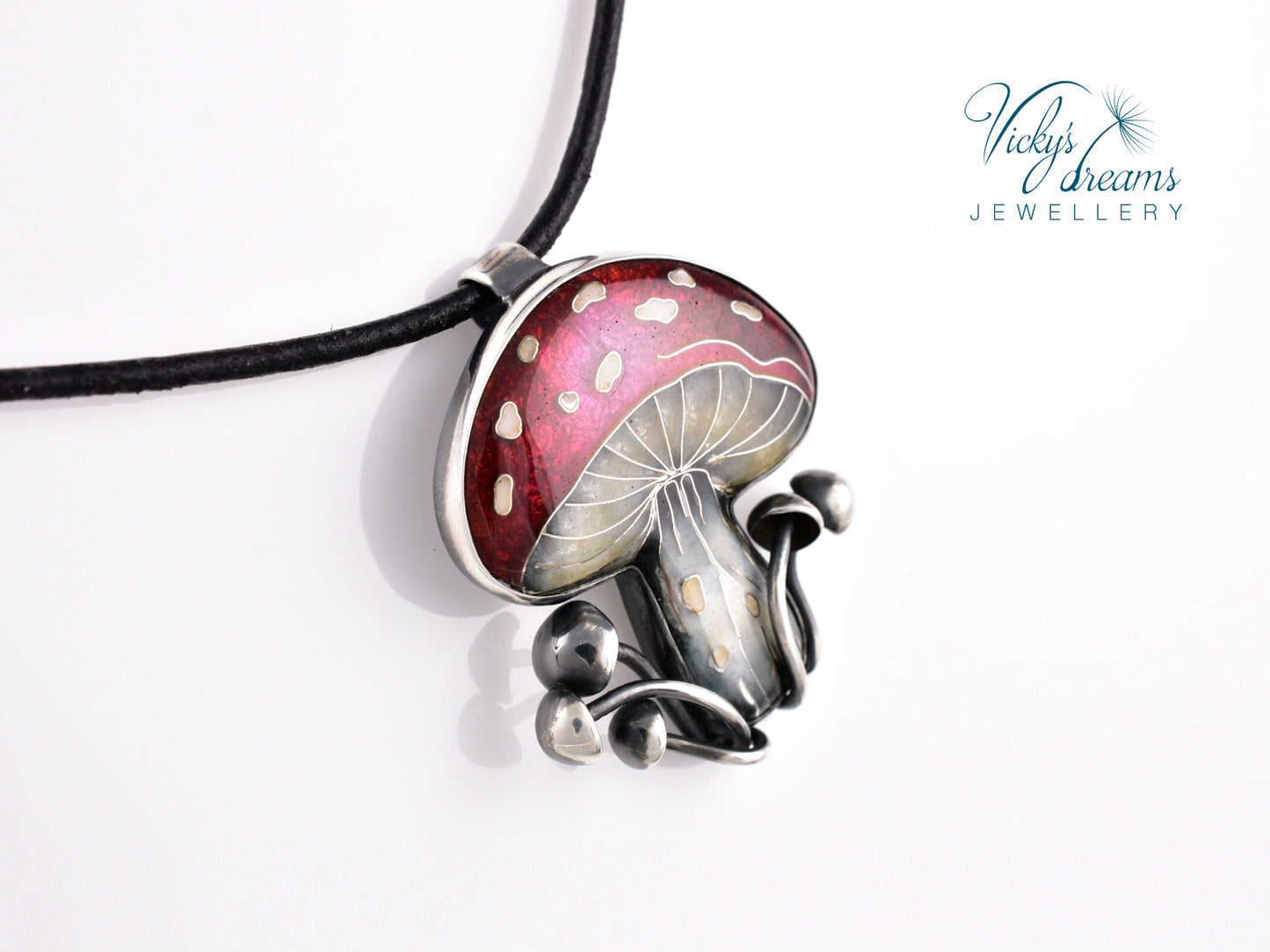 vibrant red mushroom Cloisonné enamel pendant