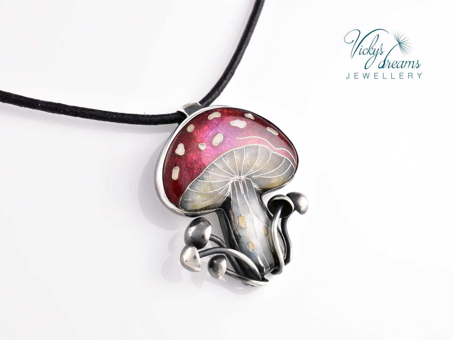 vibrant red mushroom Cloisonné enamel pendant