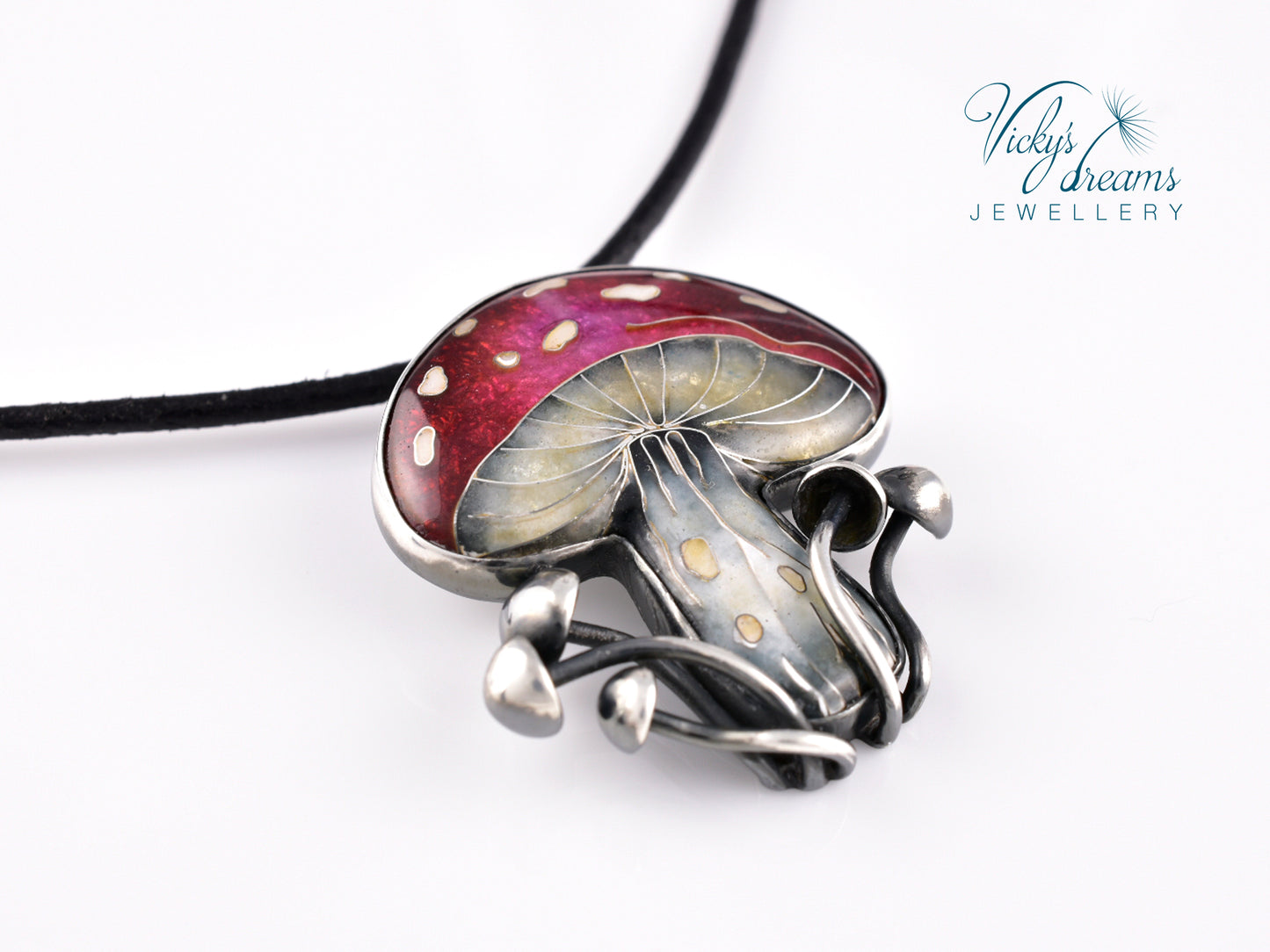 vibrant red mushroom Cloisonné enamel pendant