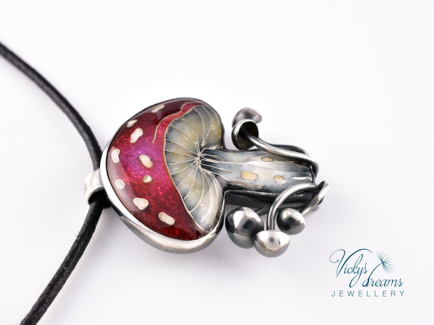 vibrant red mushroom Cloisonné enamel pendant