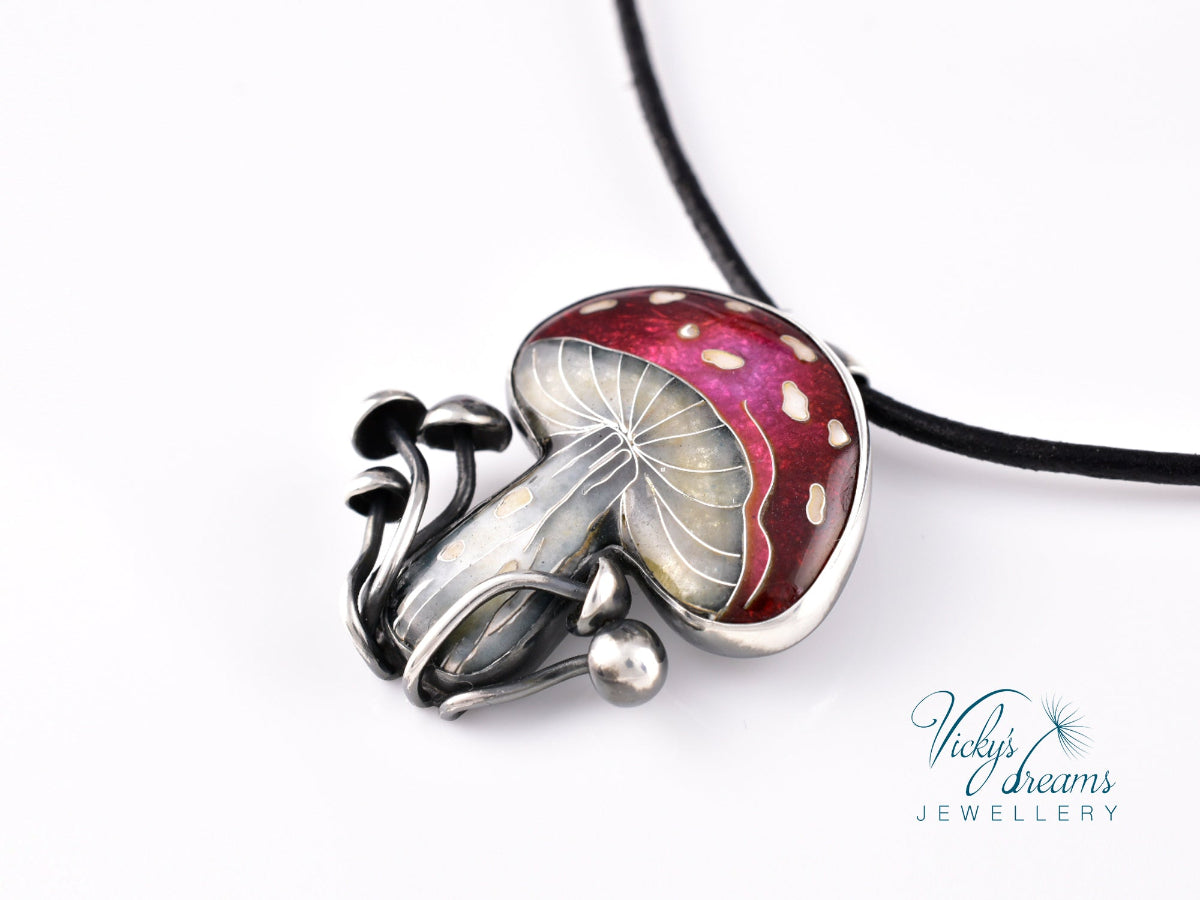 vibrant red mushroom Cloisonné enamel pendant