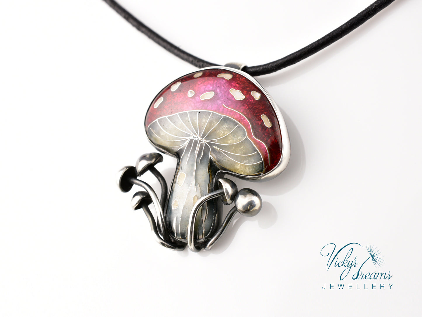 vibrant red mushroom Cloisonné enamel pendant