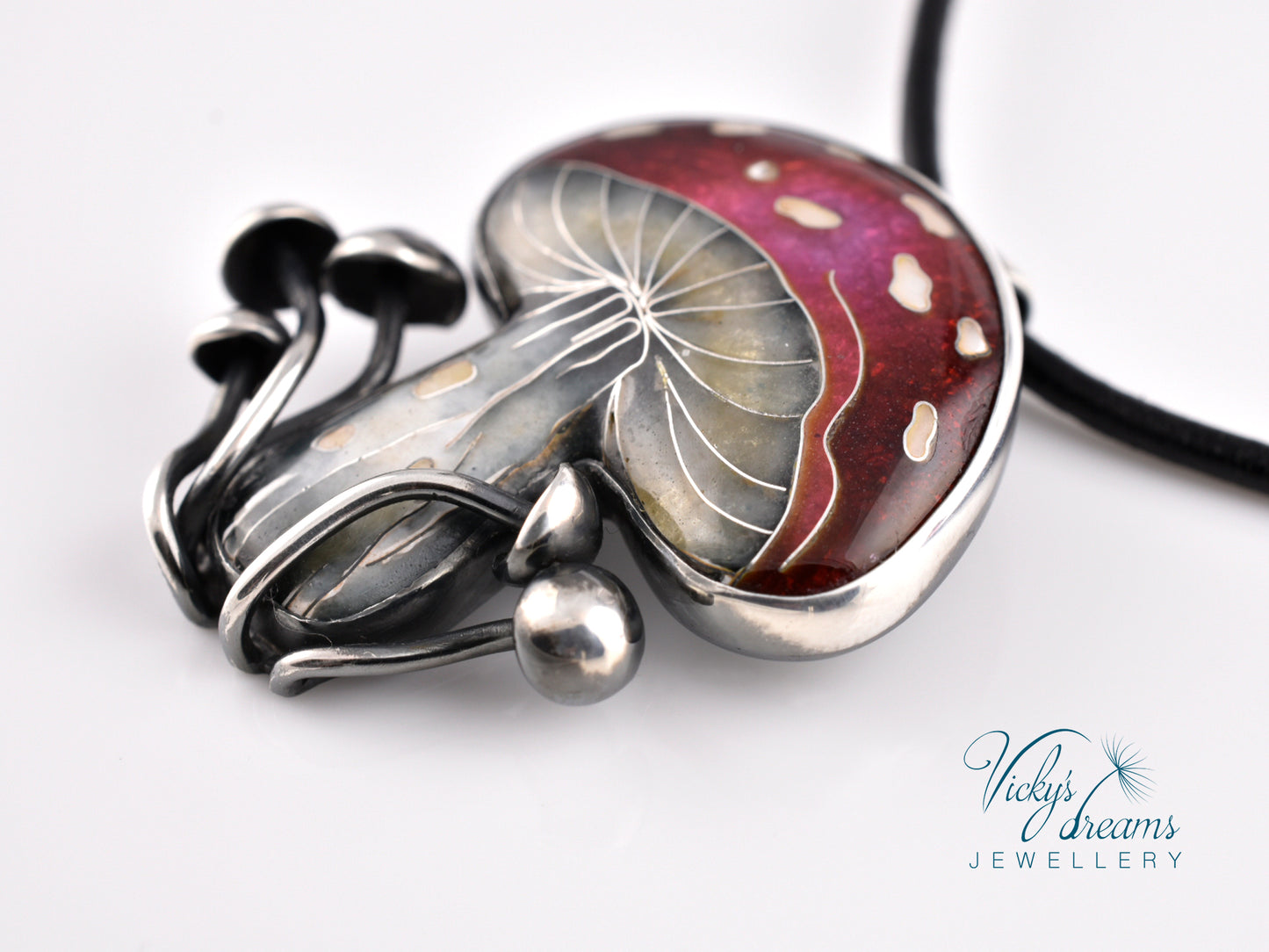 vibrant red mushroom Cloisonné enamel pendant