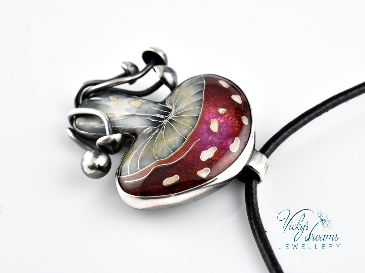 vibrant red mushroom Cloisonné enamel pendant
