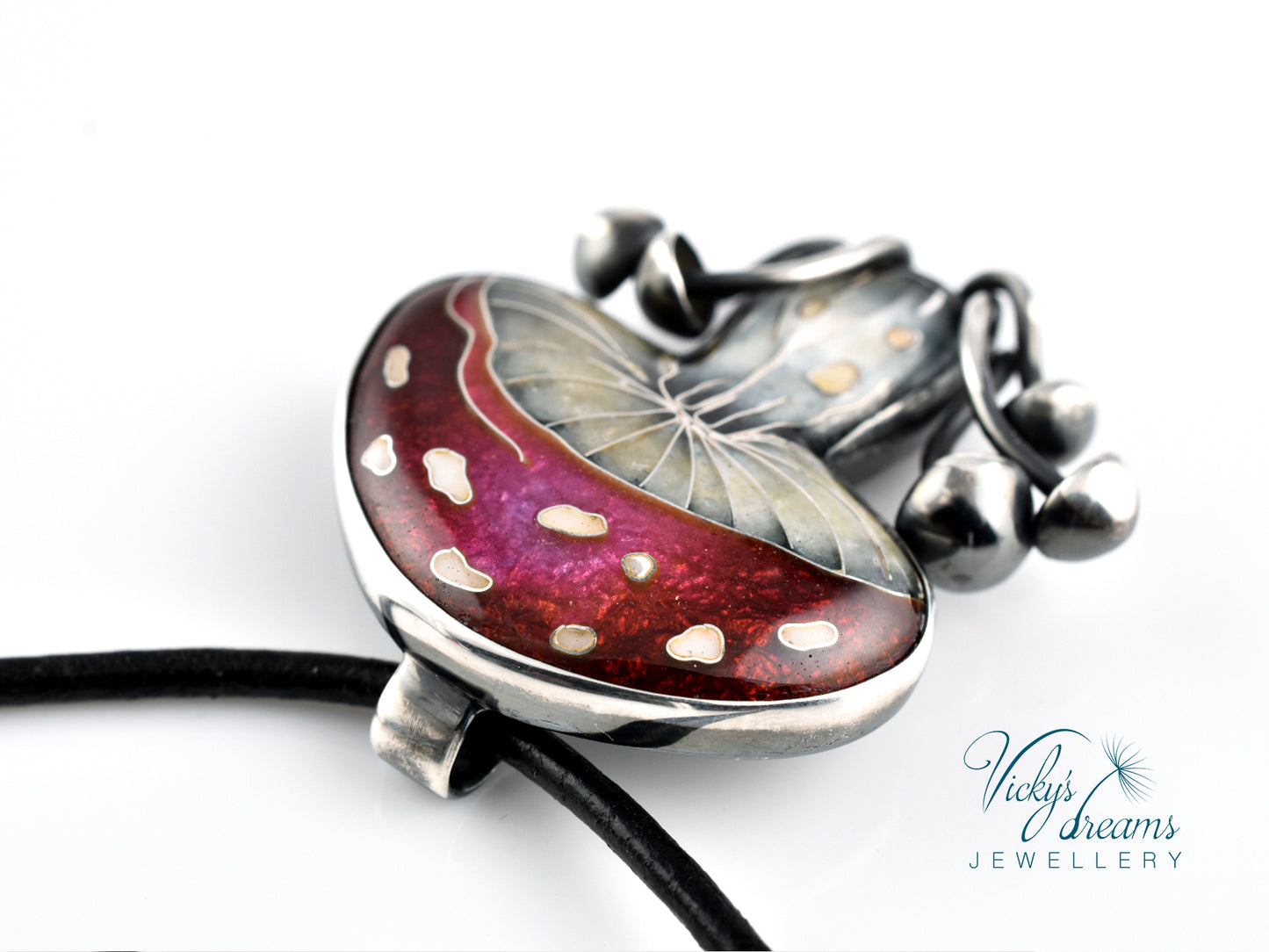 vibrant red mushroom Cloisonné enamel pendant