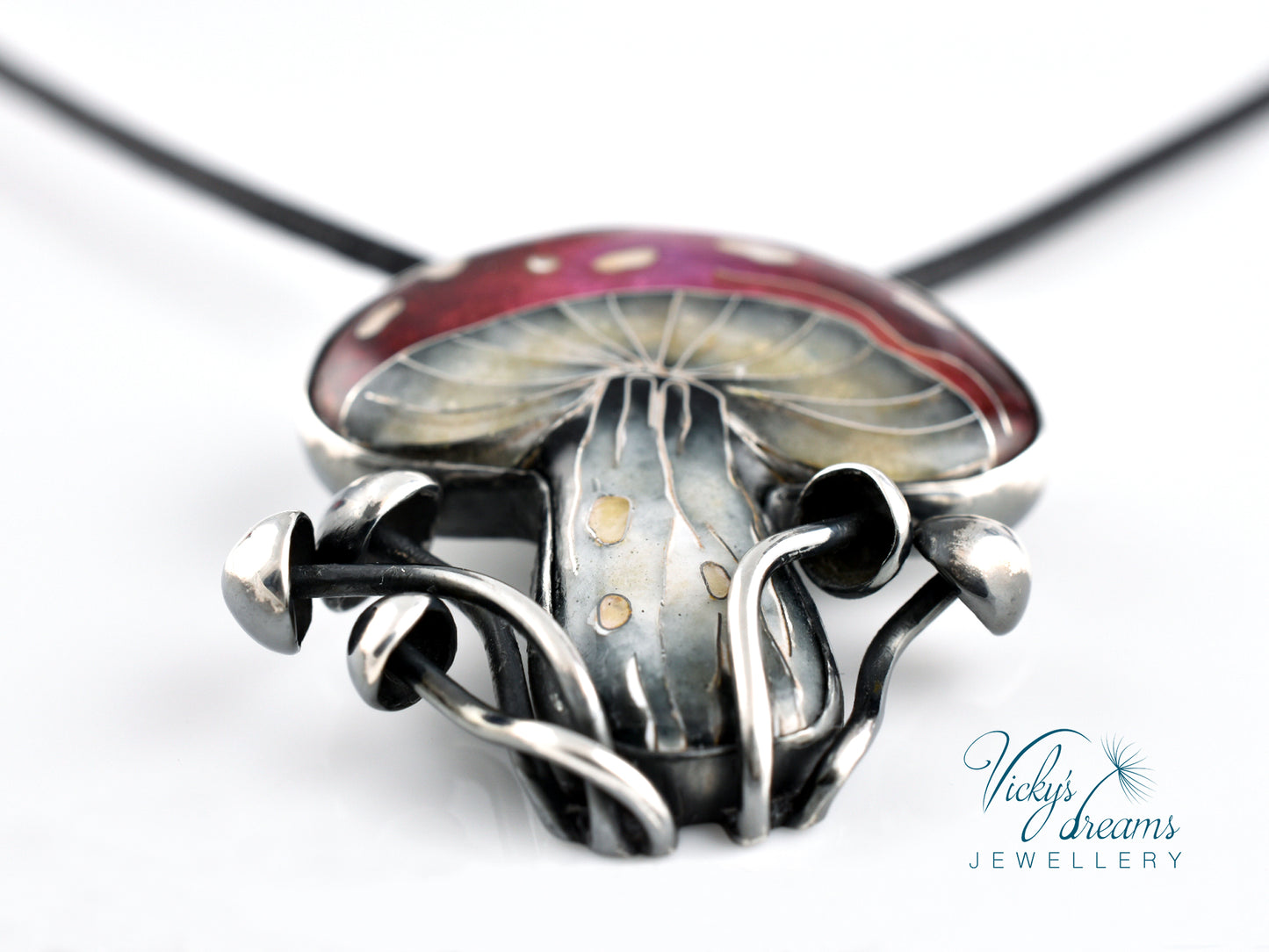 vibrant red mushroom Cloisonné enamel pendant