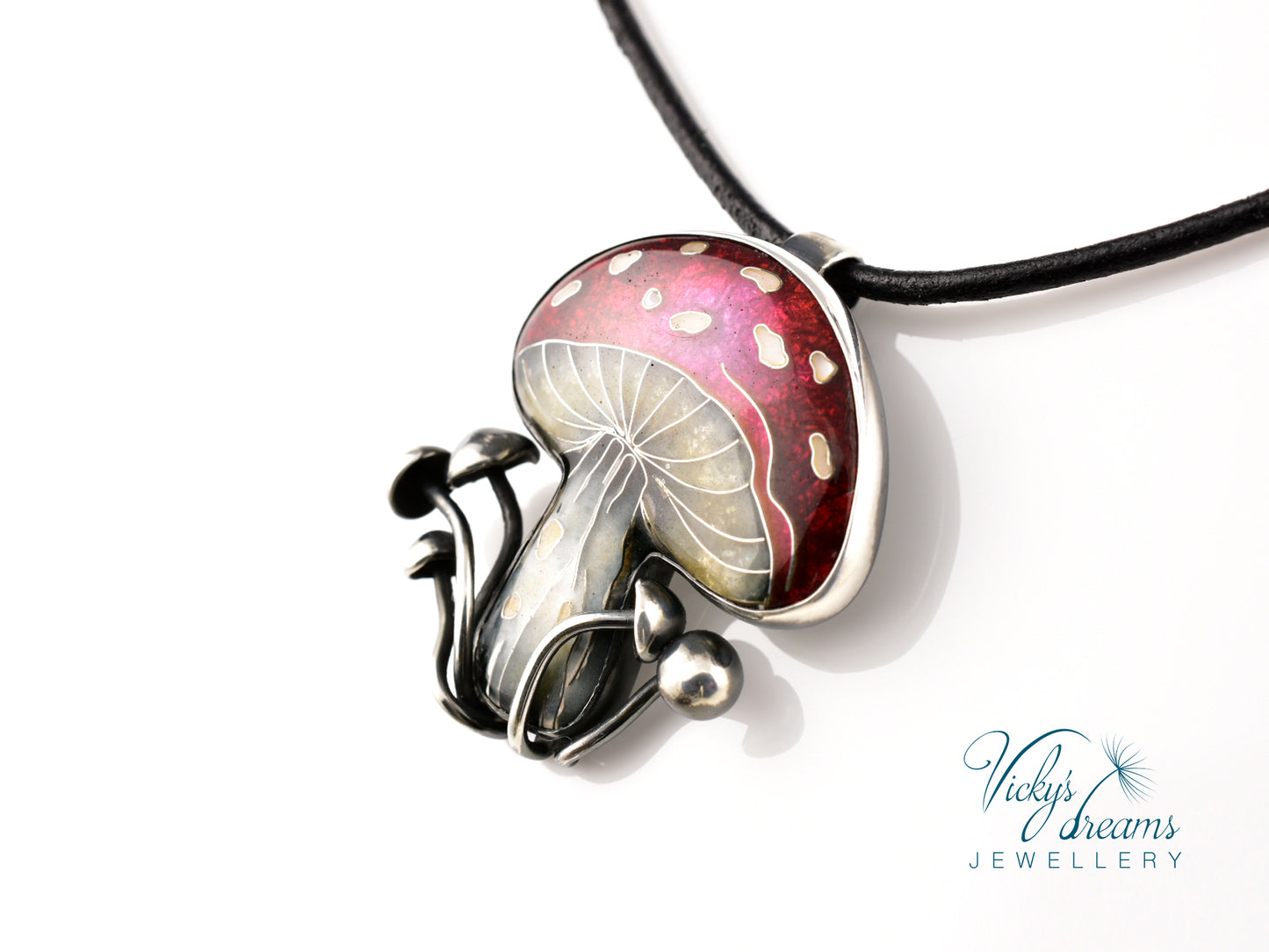 vibrant red mushroom Cloisonné enamel pendant
